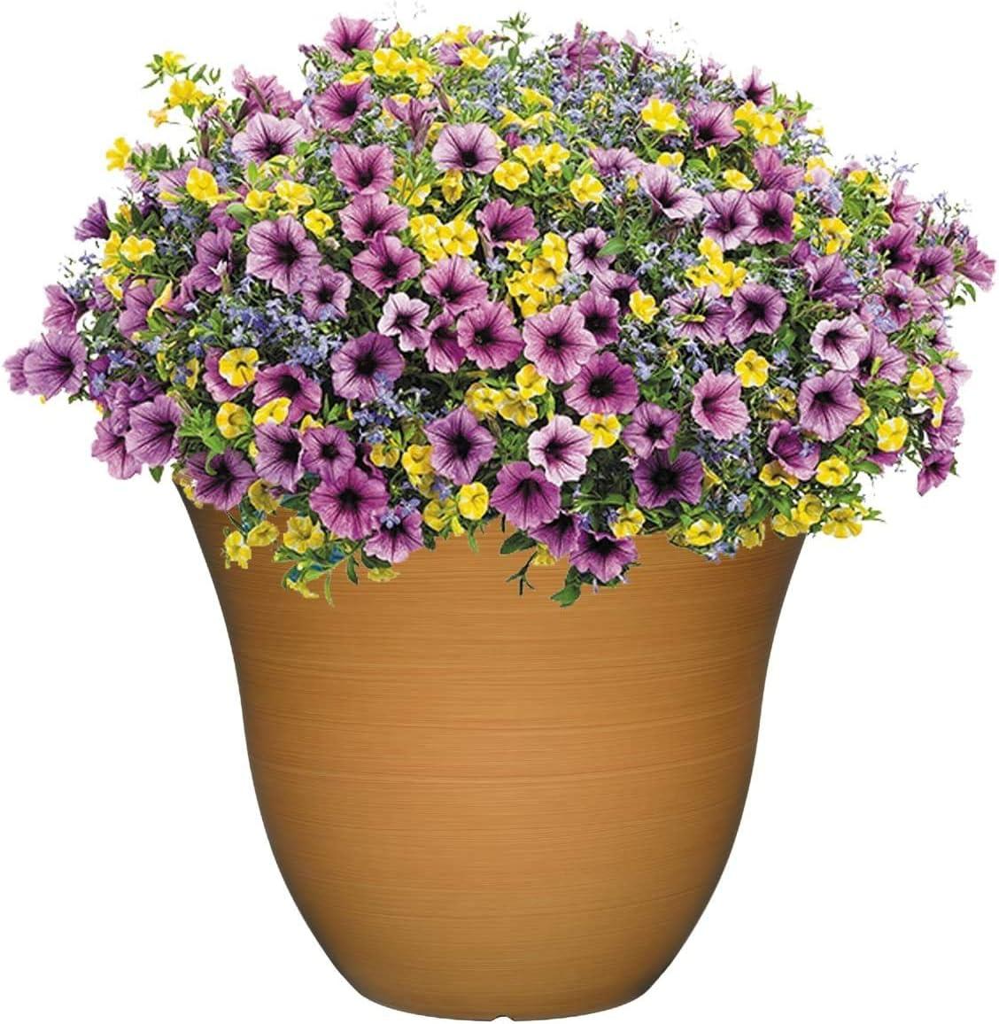 Classic Home and Garden Indoor/Outdoor Round Honeysuckle Resin Flower Pot Planter, Bamboo Brown, 15in
