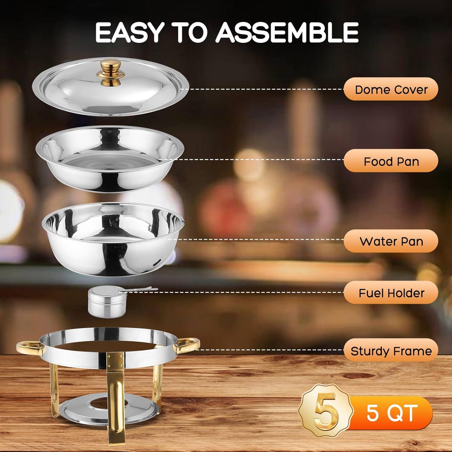 WhizMax Chafing Dish Buffet Set 2 Pack 5QT, Stainless Steel Round Chafing Dishes for Buffet with Lid Holder & Glass Lid, Gold
