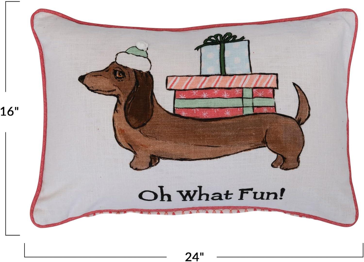Creative Co-Op 24" L x 16" H Cotton Printed Lumbar Pillow w/Dog in Hat, Pom Pom, Embroidery, Piping & Patterned Back Oh What Fun!, Multi Color ©