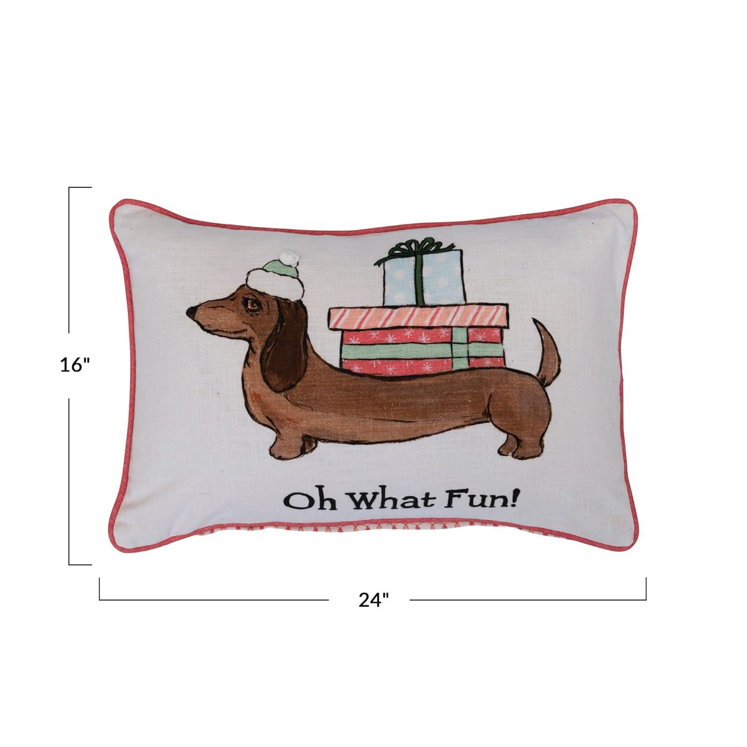 Creative Co-Op 24" L x 16" H Cotton Printed Lumbar Pillow w/Dog in Hat, Pom Pom, Embroidery, Piping & Patterned Back Oh What Fun!, Multi Color ©