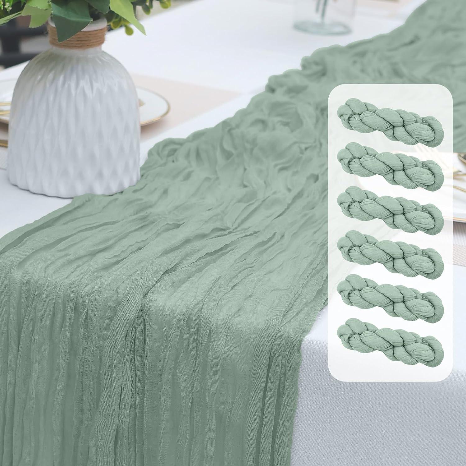 Mint Green Cheesecloth Table Runner 6 Pack 35" Boho Gauze Runner 120 inches Long Tablecloth Runner Rustic Sheer Fabric Bulk for Baby Shower Wedding Bridal Birthday Party Table Decorations