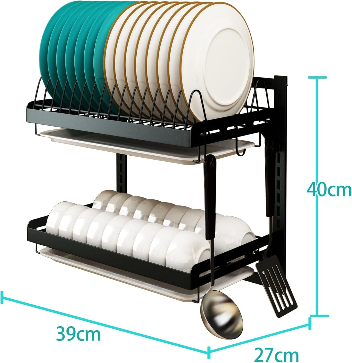 Wall Mounted Stainless Steel Dish Drying Rack Fruit Vegetable Storage Basket with Drainboard and Hanging Chopsticks Cage Knife Holder Kitchen Supplies Shelf Utensils Organizer (2-Tier)