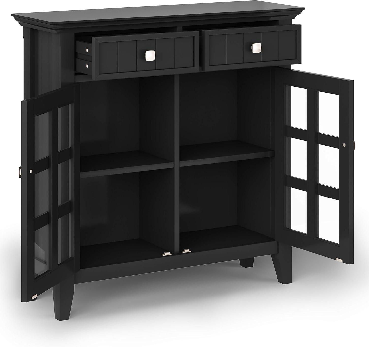 Simpli Home Acadian 62"W Solid Wood 3-Shelf Storage Cabinet with Tempered Glass Doors and Adjustable Shelves