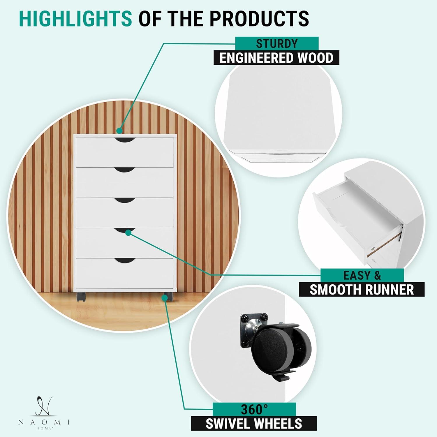 Naomi Home 5 Drawer Dresser, Tall Dressers for bedroom, Kids dresser with Wheels, Durable Storage dresser, Small Dresser for Closet, Makeup dresser with 180 lbs Capacity – White