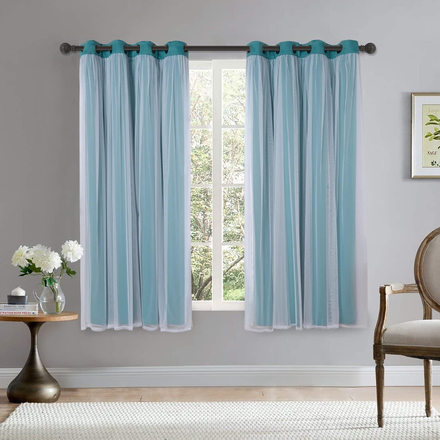 Set of 2 (63"x52") Caterina Layered Solid Blackout with Sheer Top Curtain Panels Blue Blue - Exclusive Home