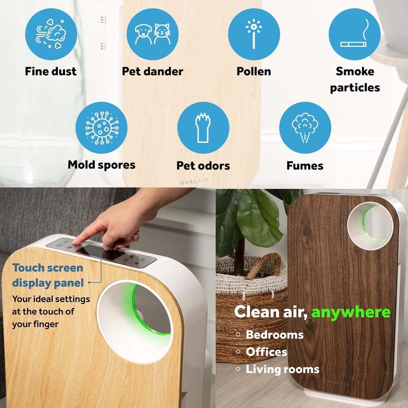 OVAL AIR 3-Stage H13 True HEPA 5-in-1 Air Purifier reduces Allergies, Asthma, Pets, Odor, Smoke