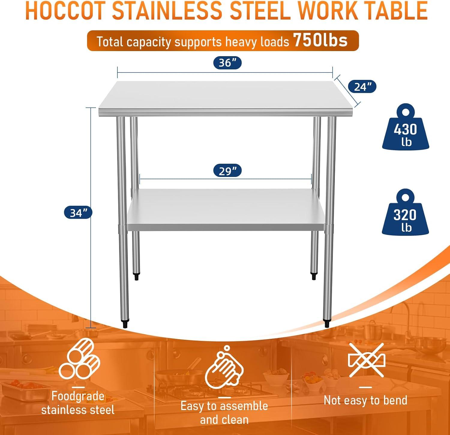 ROVSUN 36'' x 24'' Stainless Steel Table for Prep & Work, Metal Table with Undershelf for Kitchen Restaurant, Home