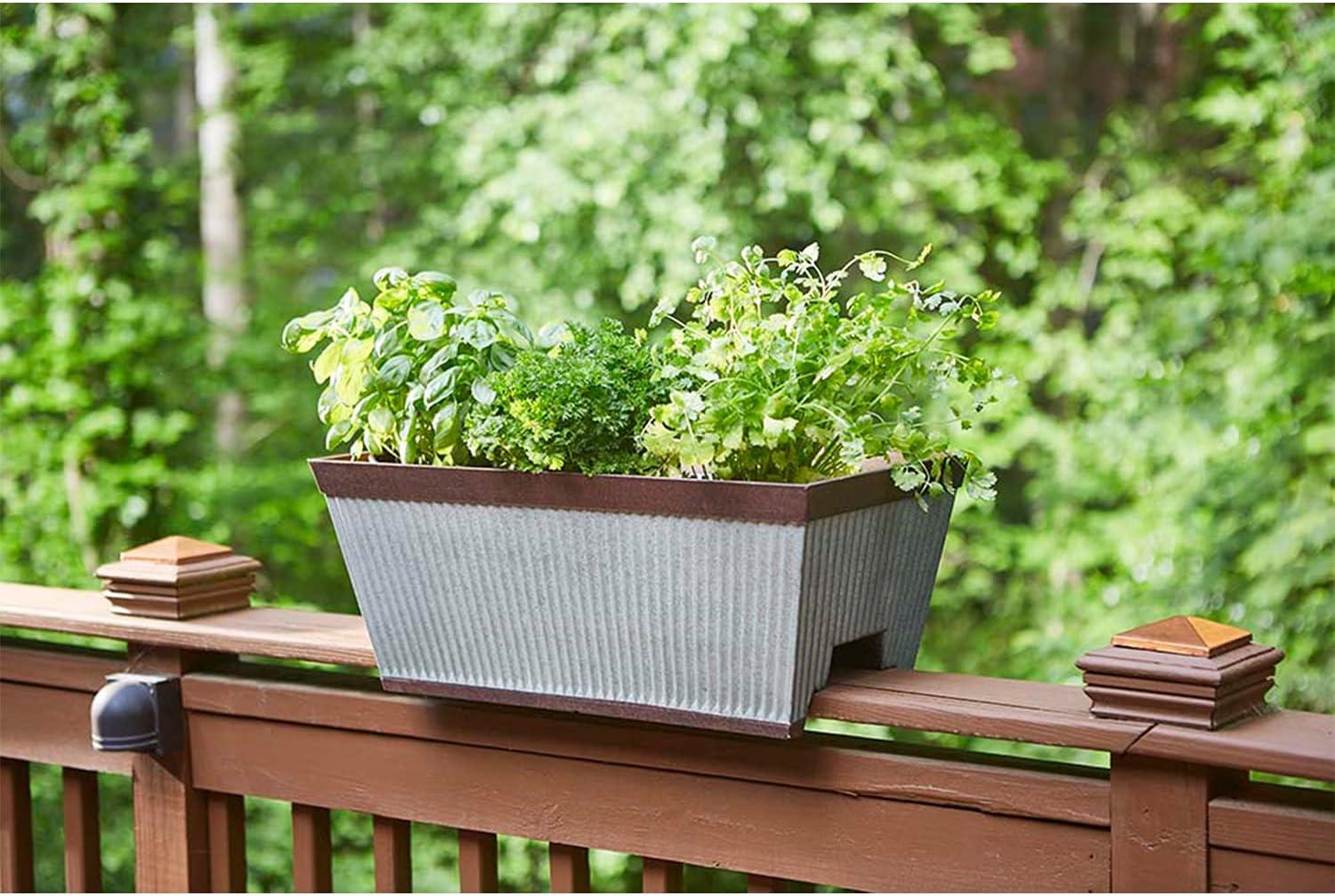 Southern Patio 24 Inch Westlake Outdoor Deck Rail Textured Resin Garden Flower Herb Planter w/ UV Protectors, Rustic Galvanized (2 Pack)