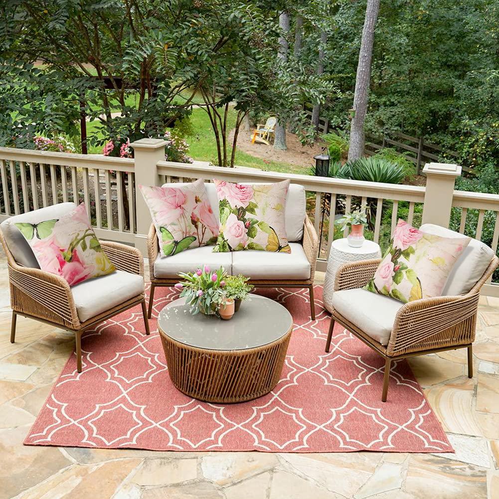 Artscope Set of 4 Waterproof Throw Pillow Covers 18x18 Inches, Pink Roses and Butterfly Pattern Decorative Cushion Covers, Perfect to Outdoor Patio Garden Living Room Sofa Farmhouse Decor