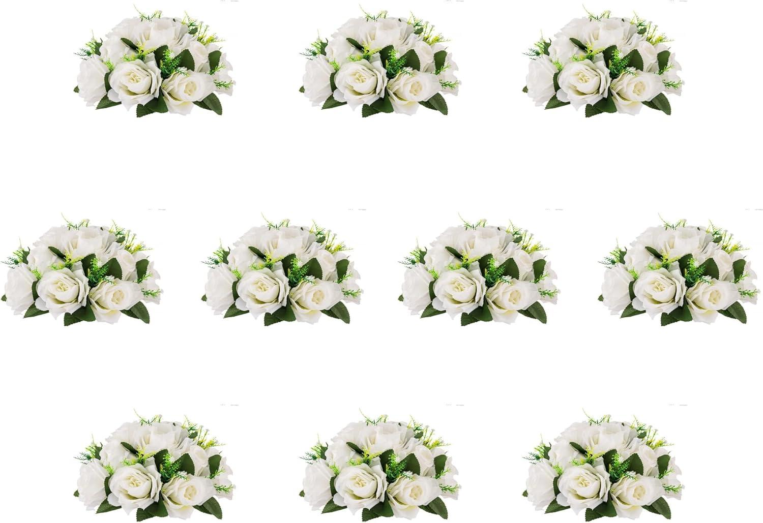 Nuptio Set of 10 White Rose Artificial Flower Kissing ball, 15 Heads Fake Peony Silk Flowers Bouquet for Centerpiece Wedding Birthday Party Home Table Decor