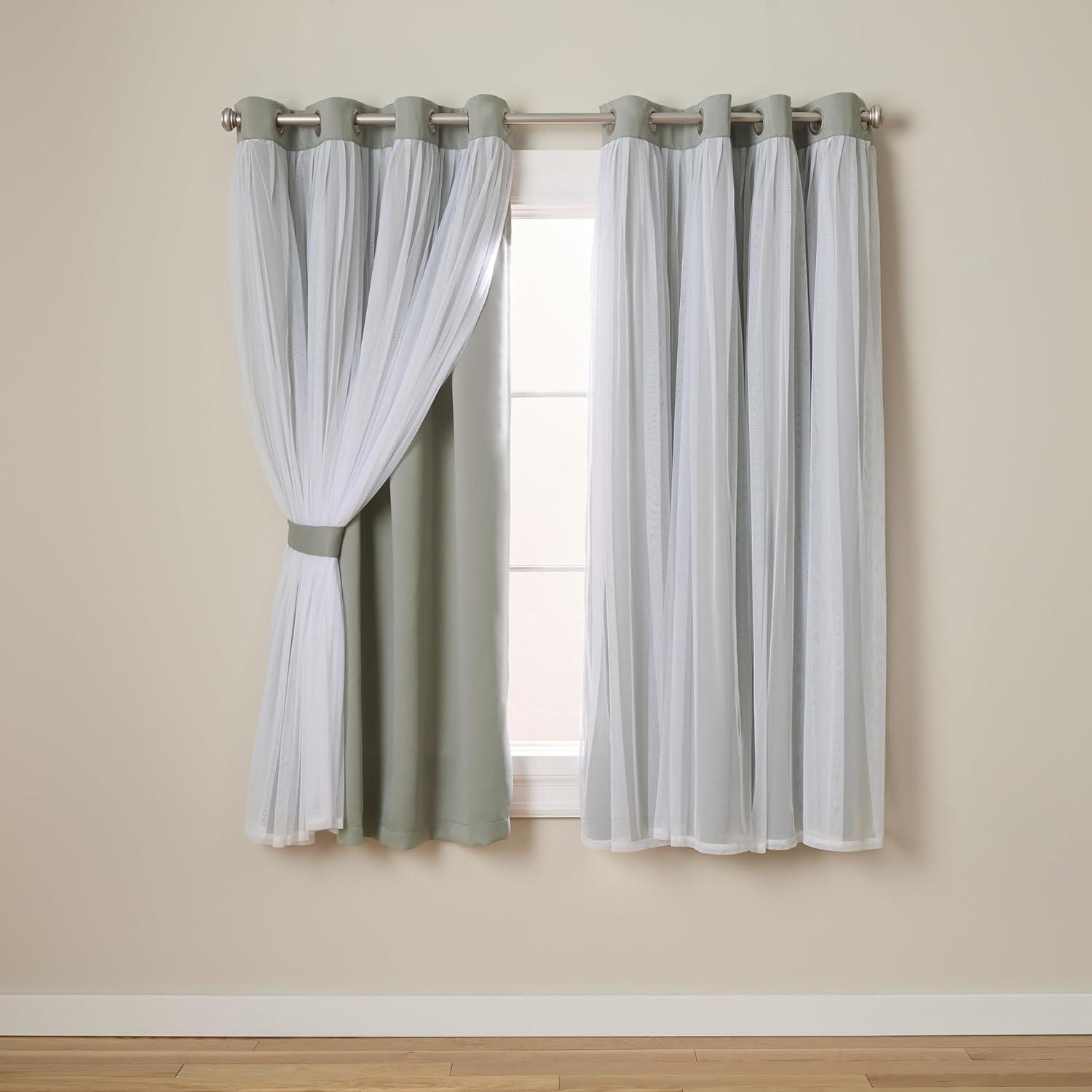 Exclusive Home Catarina Layered Solid Room Darkening Blackout and Sheer Grommet Top Curtain Panel Pair, 52"x63", Soft Grey