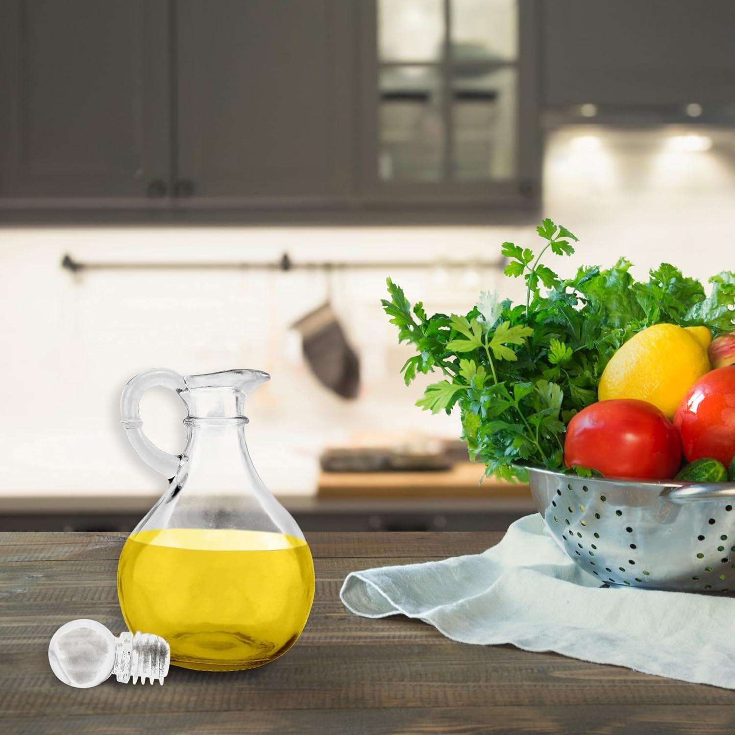Cornucopia Brands 8oz Glass Oil and Vinegar Cruets (Set of 2); Round Oil Dispensers / Salad Dressing Bottles w/ Stoppers