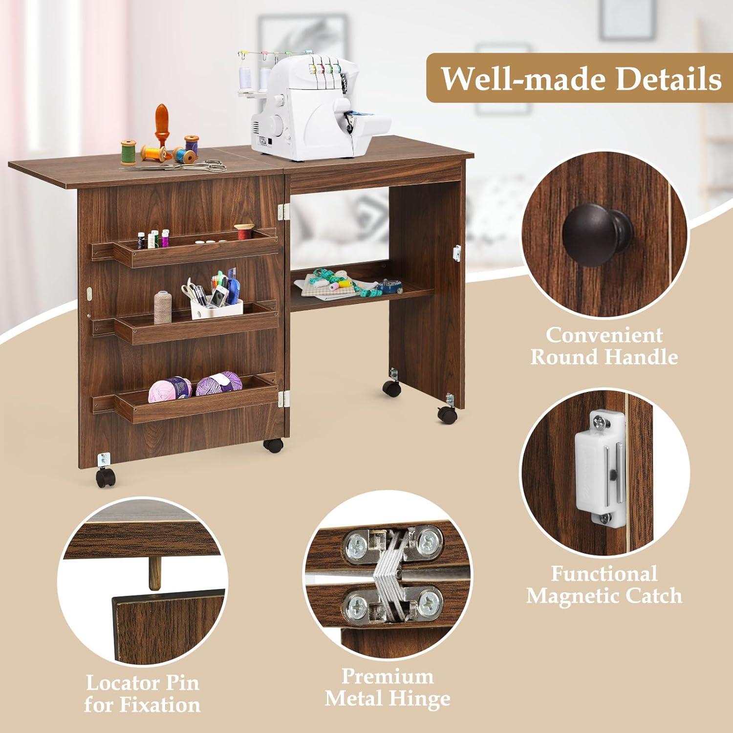 Costway Folding Sewing Craft Table Shelf Storage Cabinet Home Furniture W/Wheels Brown