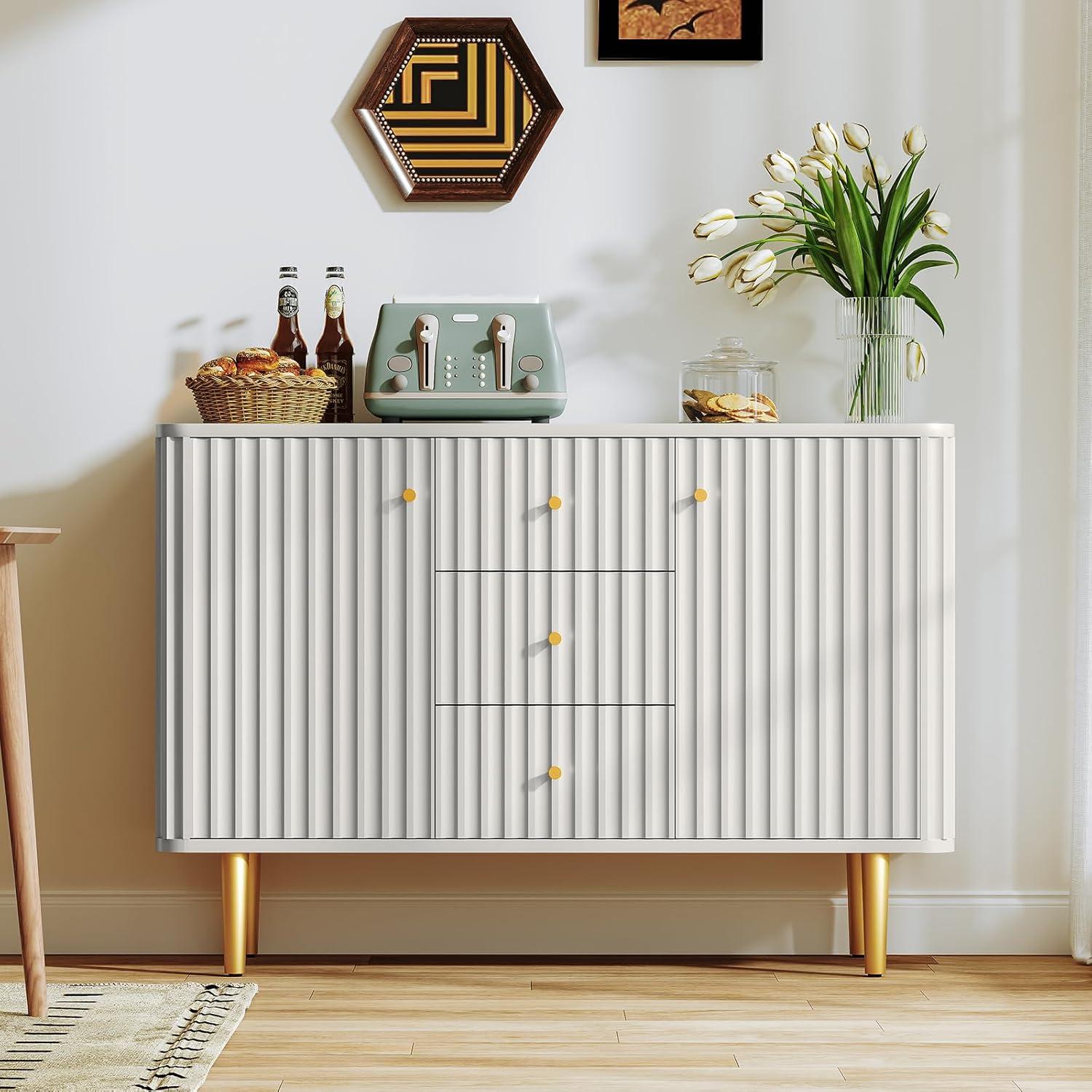 Lunale 48" 3-Door Storage Buffet Cabinet, Cabinet with Vertical Stripes Design Doors and Metal Handles for Living Room, White