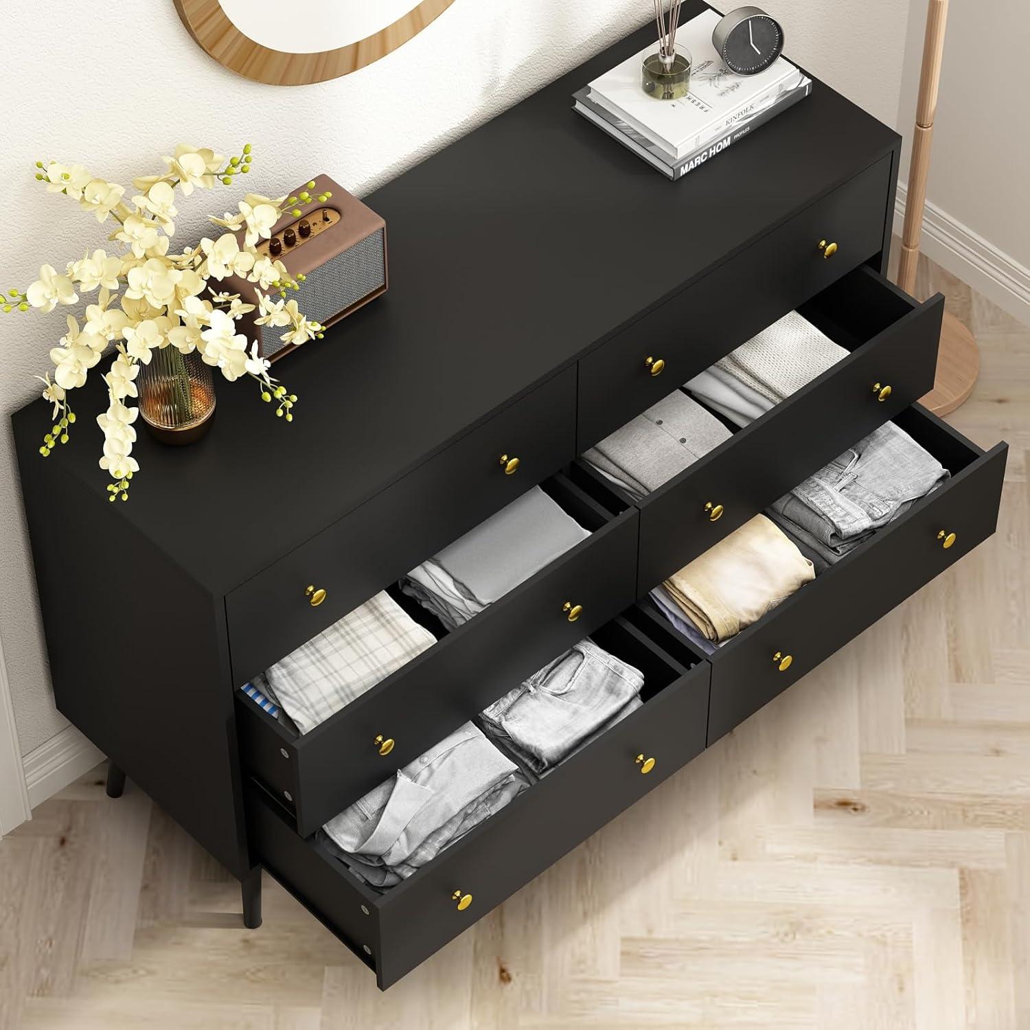 Black Dresser for Bedroom, 6 Drawer Dresser with Golden Handles, Large Storage Cabinet, Modern Chest of Drawers Organizer Storage for Hallyway, Entryway