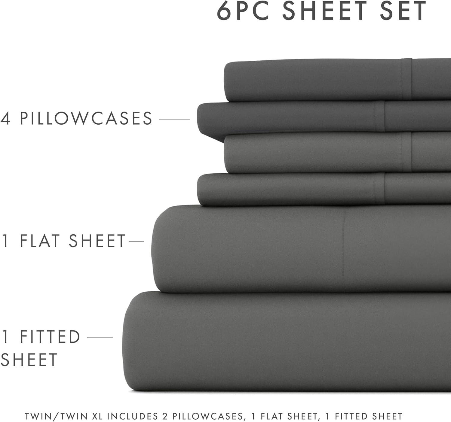 American Home Collection Full Size 6 Piece Bed Sheet Set Grey - Ultra Soft Microfiber Deep Pocket Wrinkle Free