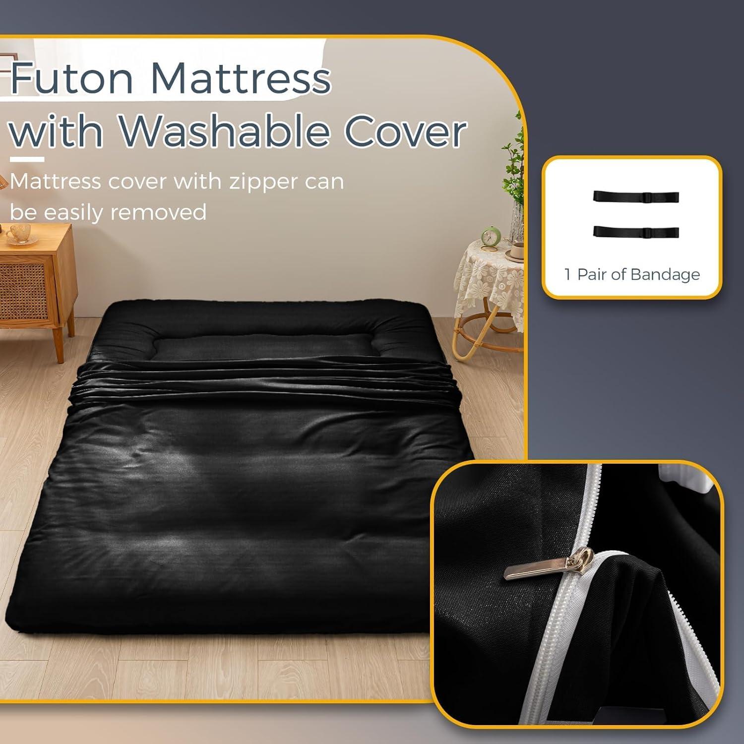 MAXYOYO 6" Thick Japanese Floor Mattress Futon Mattress, Foldable Tatami Pad for Adults, Roll Up Floor Bed for Guest Room Bedroom RV, Black, Twin