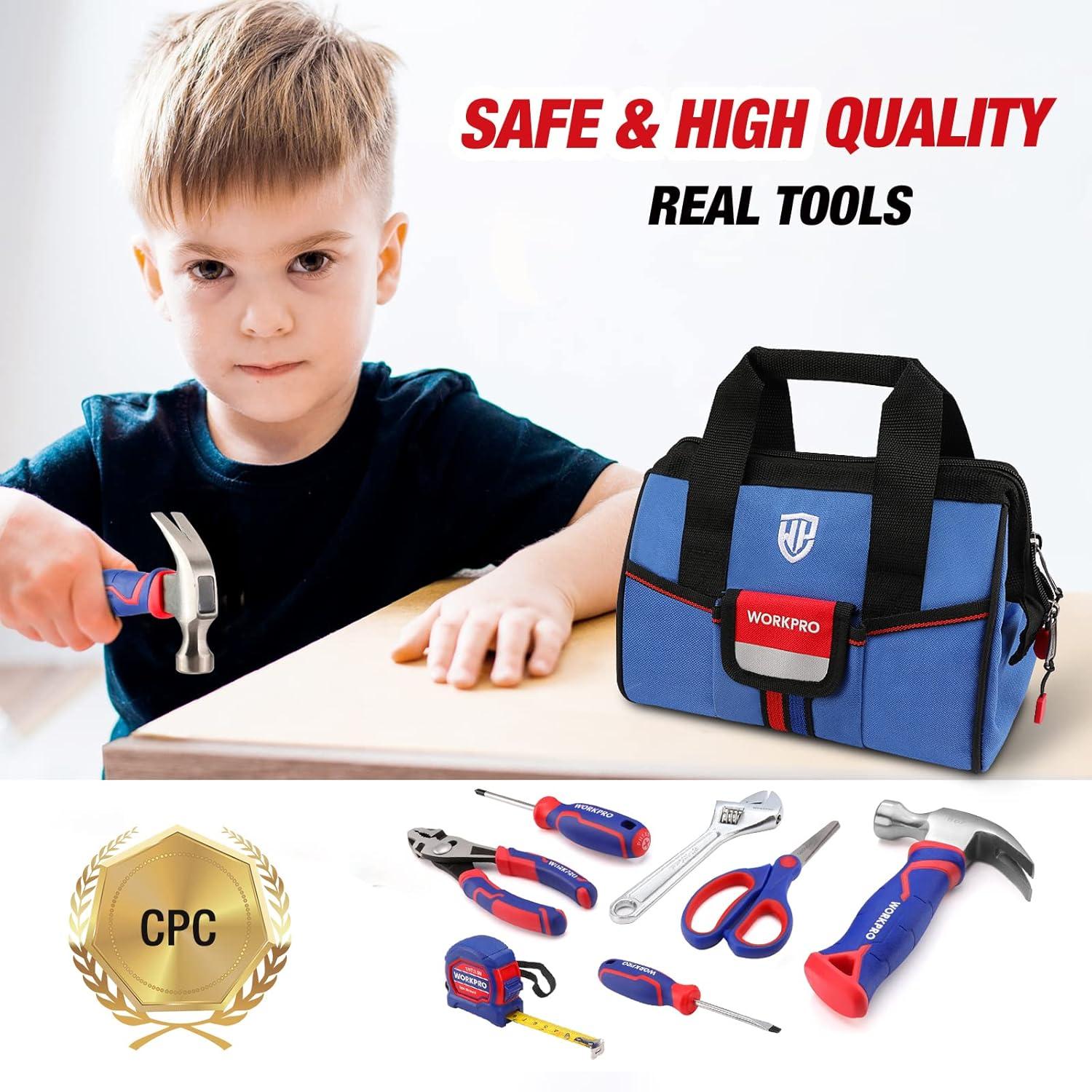 WORKPRO 9-Piece Kids Real Hand Tool Set, Pink Junior Tool Kit with Storage Bag for Boys, Girls, Children DIY Building and Woodworking, Age 8+