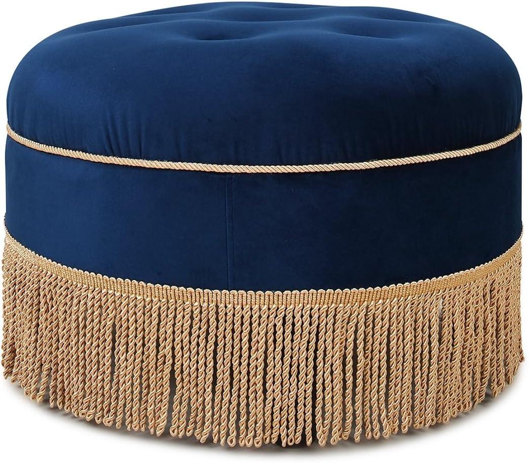 Jennifer Taylor Home Yolanda Upholstered Round Accent Ottoman, Navy Blue Velvet with Gold Trim