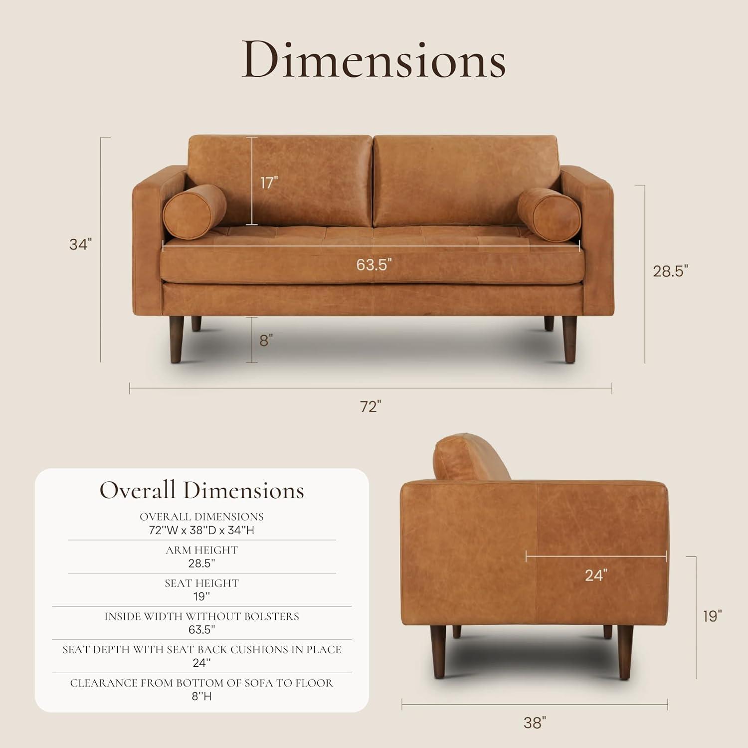 Cognac Tan Tufted Leather Lawson Sofa with Wood Legs