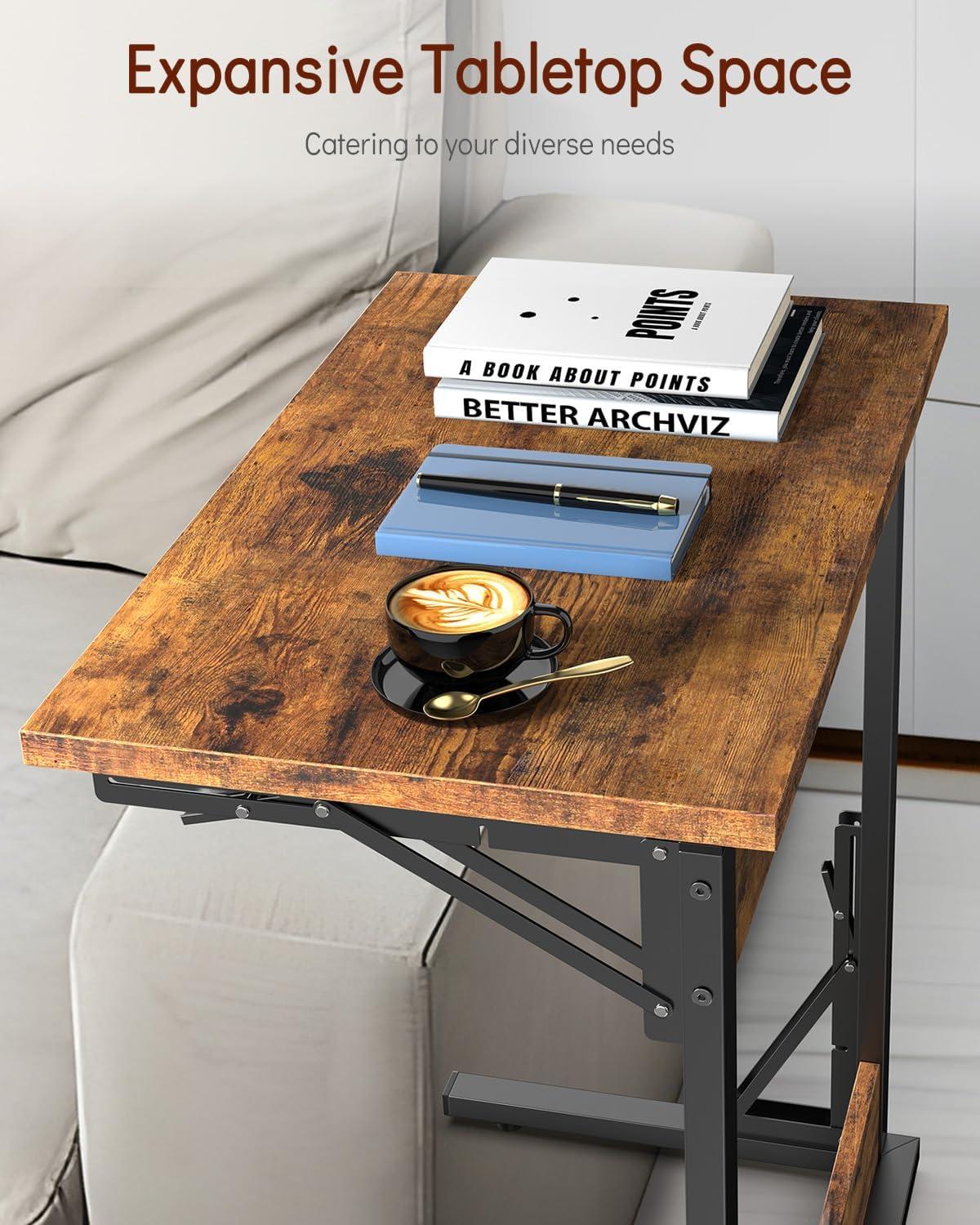 Folding TV Tray Table, 24" Wide C-Shaped End Table for Couches, Small Sofa-Side Laptop Desk with Metal Frame for Living Room, Bedroom, Rustic Brown