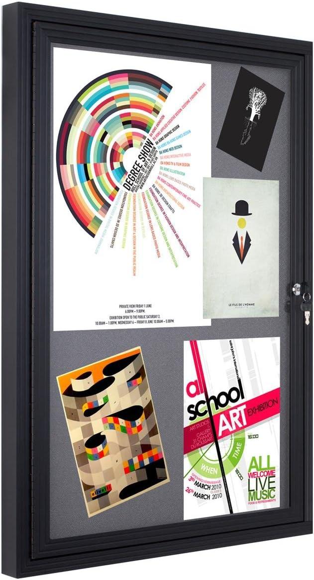 Fabric Corkboard for Wall Mounting, 24" x 36" Enclosed Message Board with Hinged, Swing-open Door, Gray Fabric and Black Aluminum Frame (LGFBBF2436)