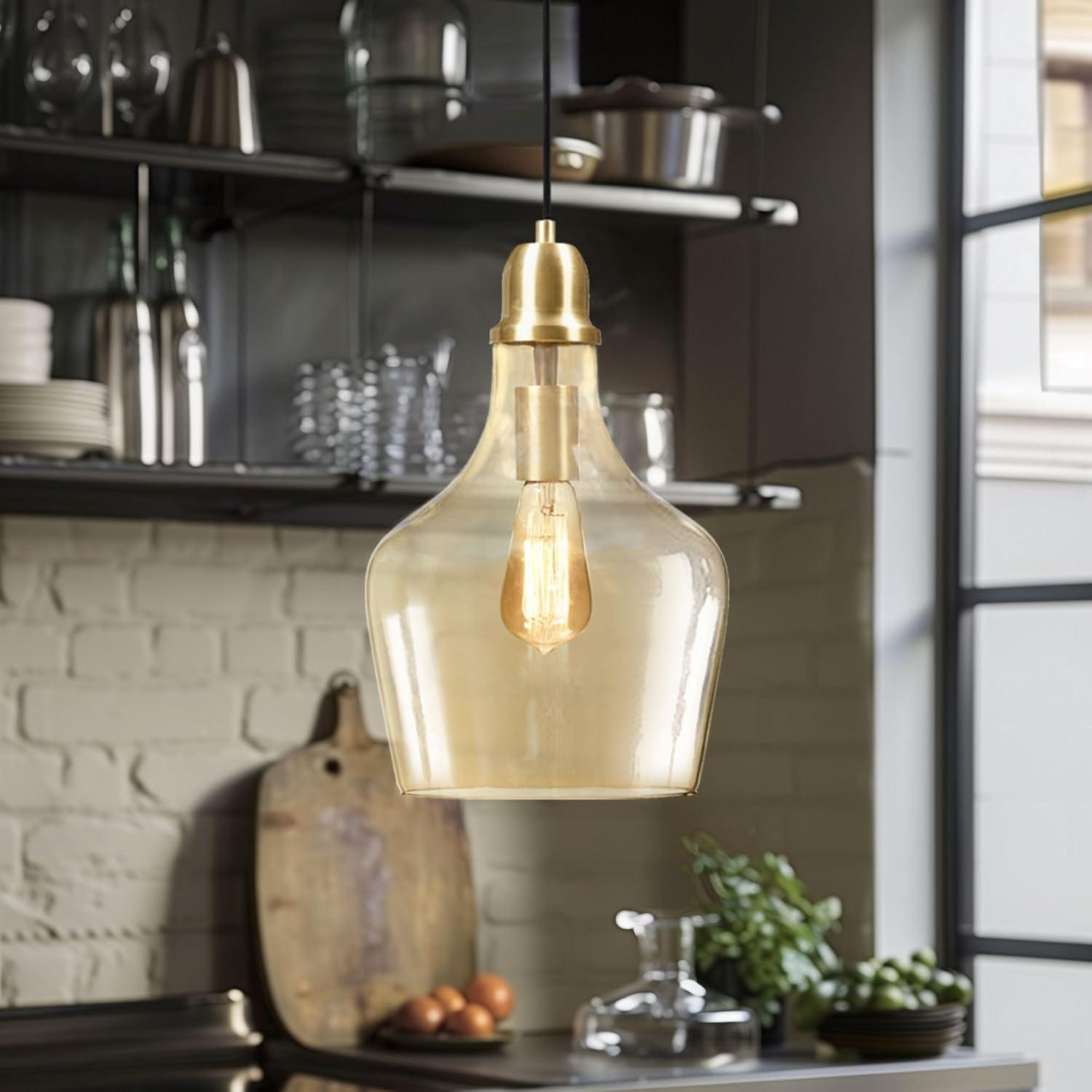 Hampton Hill Auburn Pendant Kitchen Lighting for Dining Room, Industrial Kitchen Lights, Hand-Blown Glass Bell Shaped Pendant Light for Kitchen Island, Foyer, Bedroom, 9" Dia x 95.5" H, Gold/Amber
