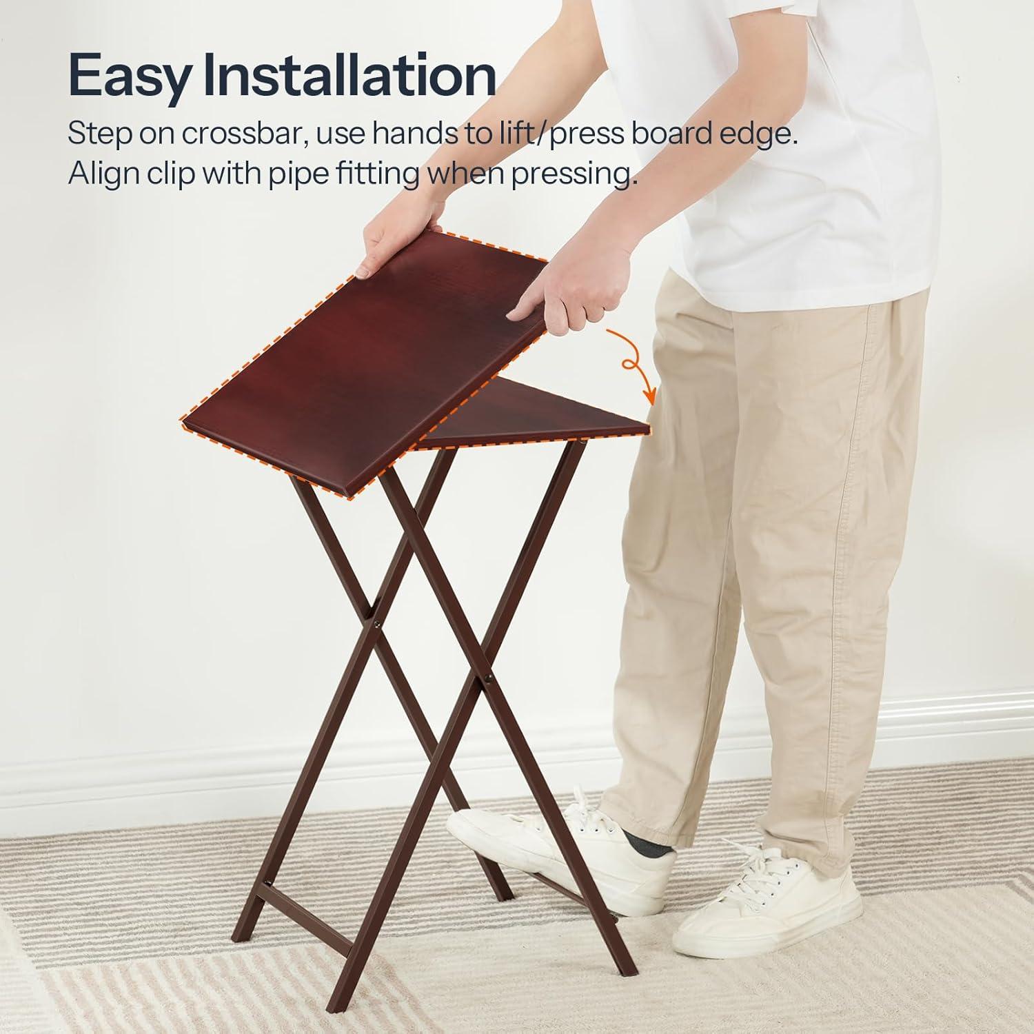 HOOBRO Folding TV Tray Tables, Set of 2 Side Table for Small Space, Industrial Snack Tables for Eating at Couch, Stable Metal Frame, Easy Assembly, Space Saving, Brown BR25BZ01