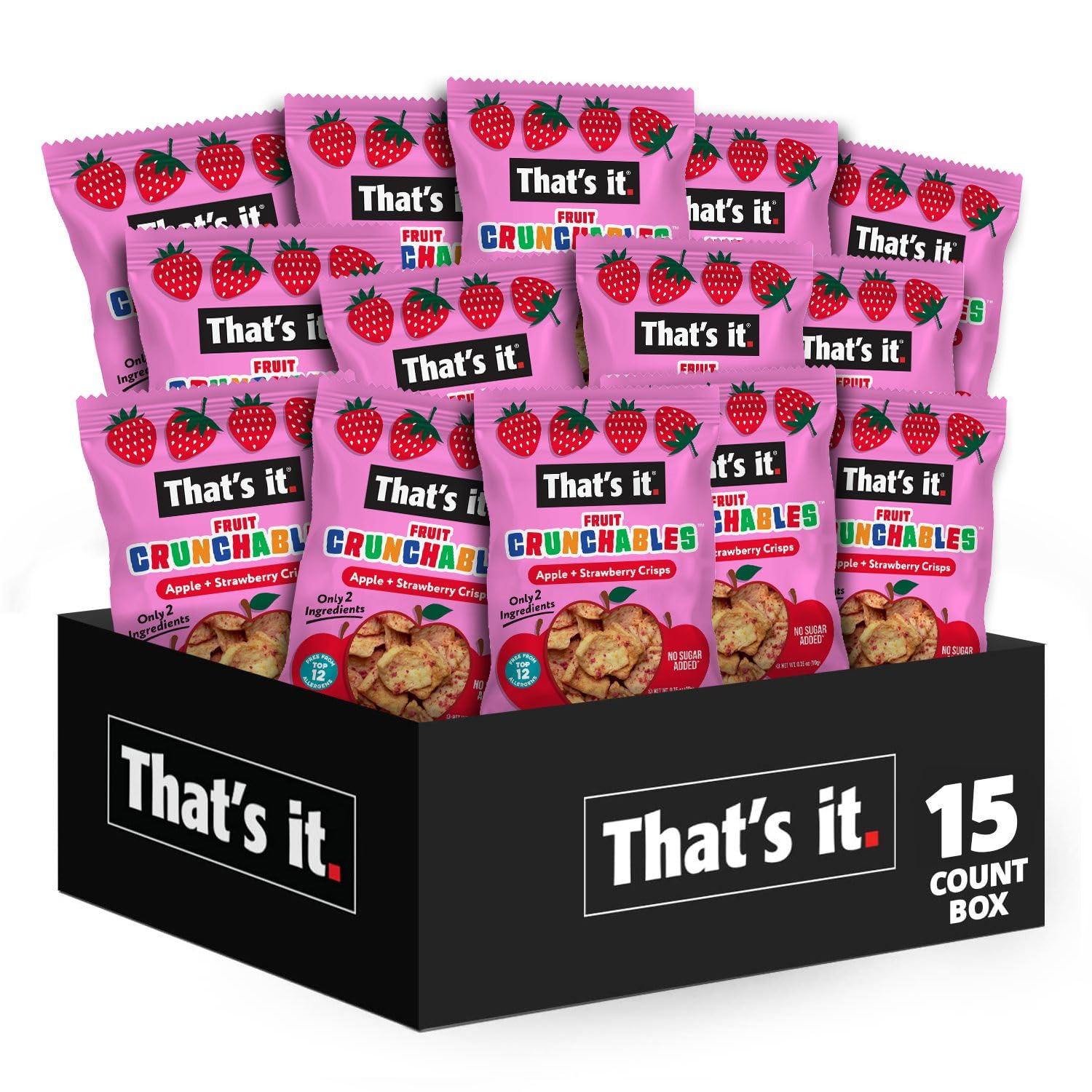 That’s it. Fruit Crunchables Apple + Strawberry Crisps, 15-Pack – 100% Real Fruit Snacks for Kids, Plant-Based, Non-GMO, Gluten-Free, No Sugar Added, Allergen-Free, Healthy Lunchbox Snack