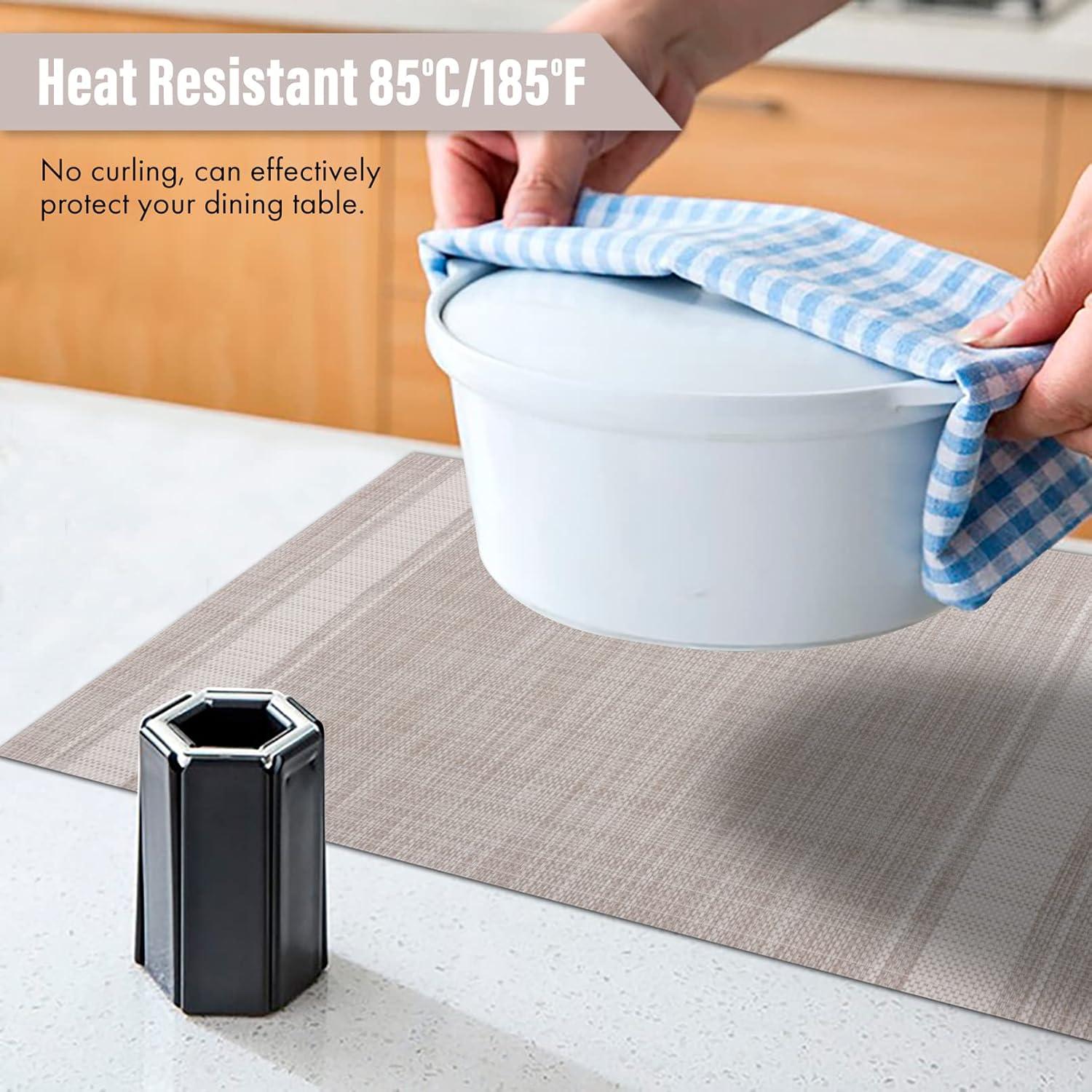 Set of 8 Heat-Resistant Placemats Stain Resistant Anti-Skid Placemats for Kitchen Table, Washable Durable PVC Table Mats Woven Vinyl Placemats Beige