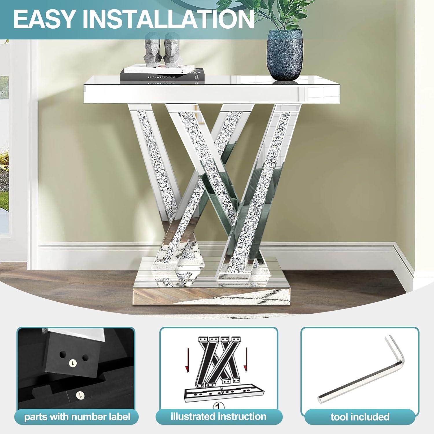 Modern Entryway Console Table With Crushed Diamond Inlay, 35" Silver Mirrored Glass Hallway Table For Entryway, Glam Decorative Sofa Tables For Living Room