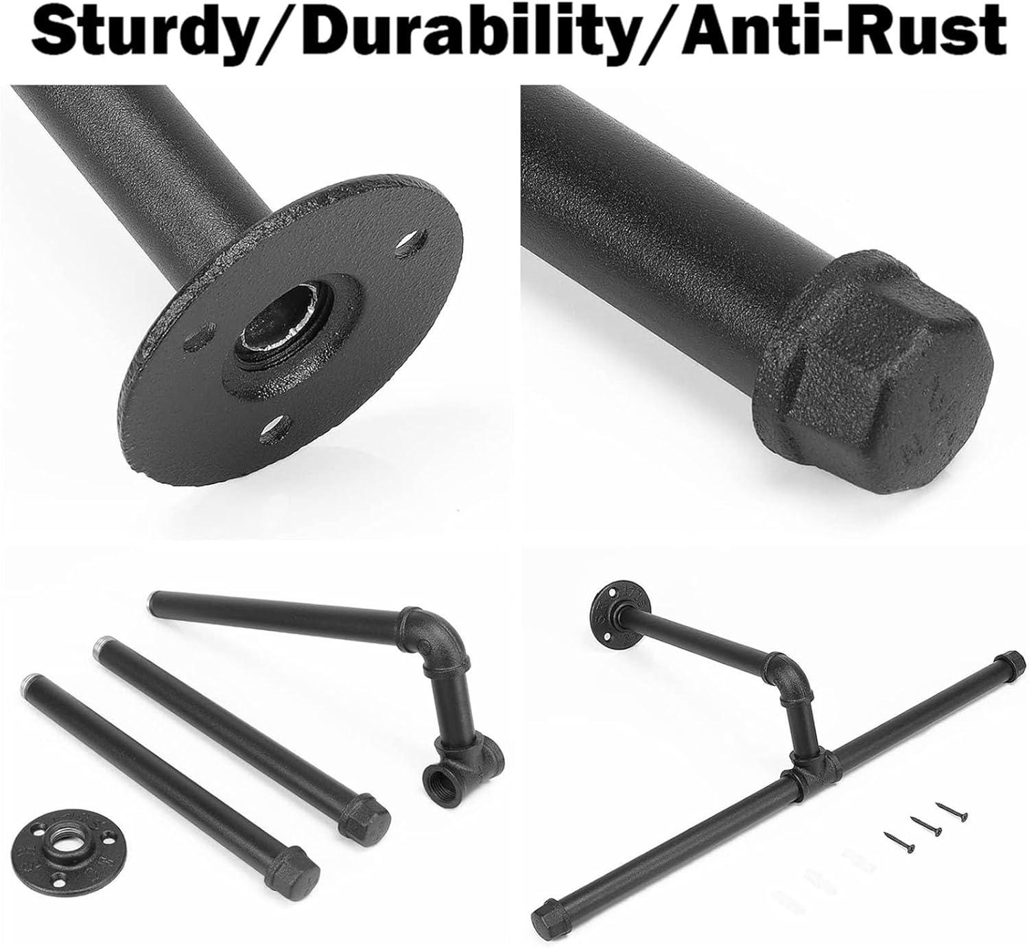 Industrial Pipe Clothes Rack Floating DIY Wall Mounted, Heavy Duty Rustic Vintage Clothing Rod, Metal Garment Bar Space-Saving Hanging for Bedroom, Bathroom and Laundry Room (Black)