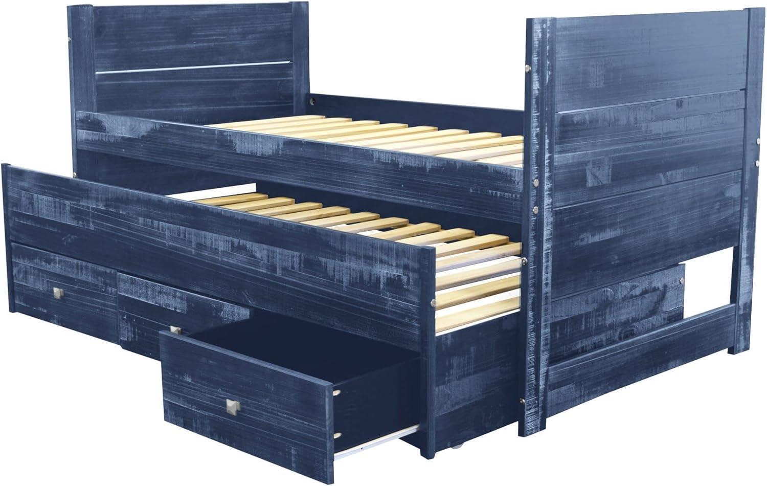 Bedz King All in One Twin Bed with Trundle and 3 Built in Drawers, Weathered Blue