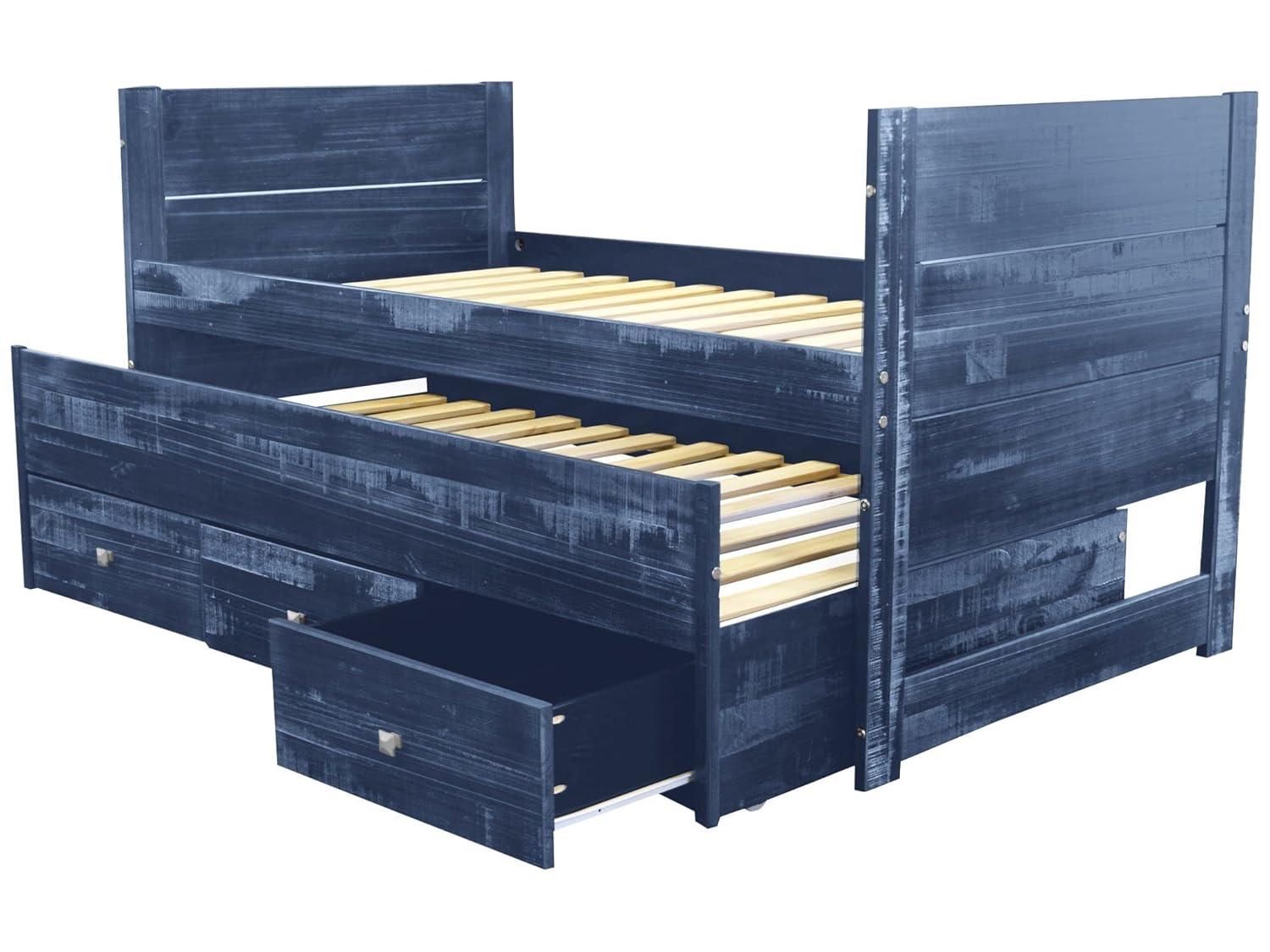 Bedz King All in One Twin Bed with Trundle and 3 Built in Drawers, Weathered Blue