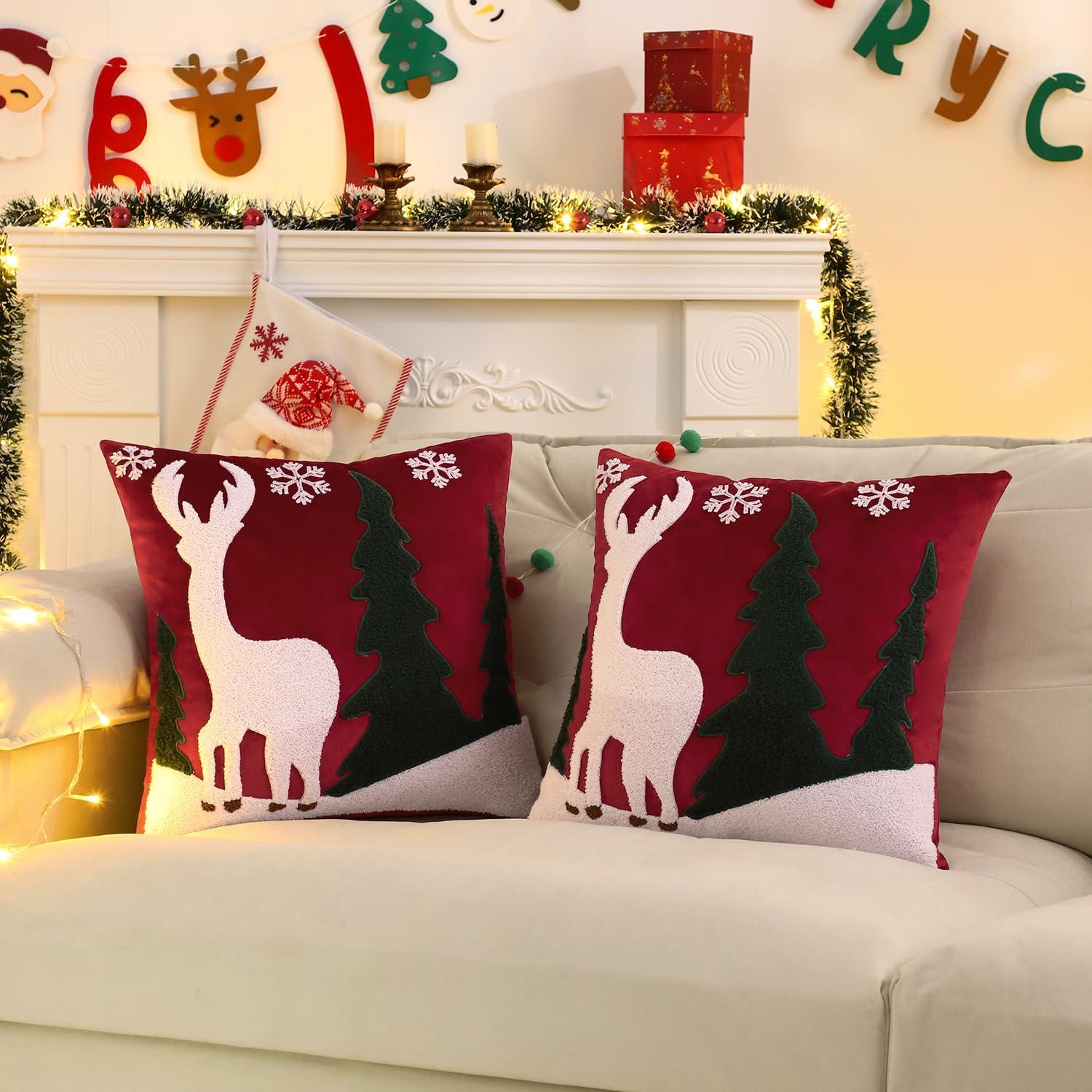 Christmas Red Velvet Reindeer and Trees 18x18 Pillow Covers