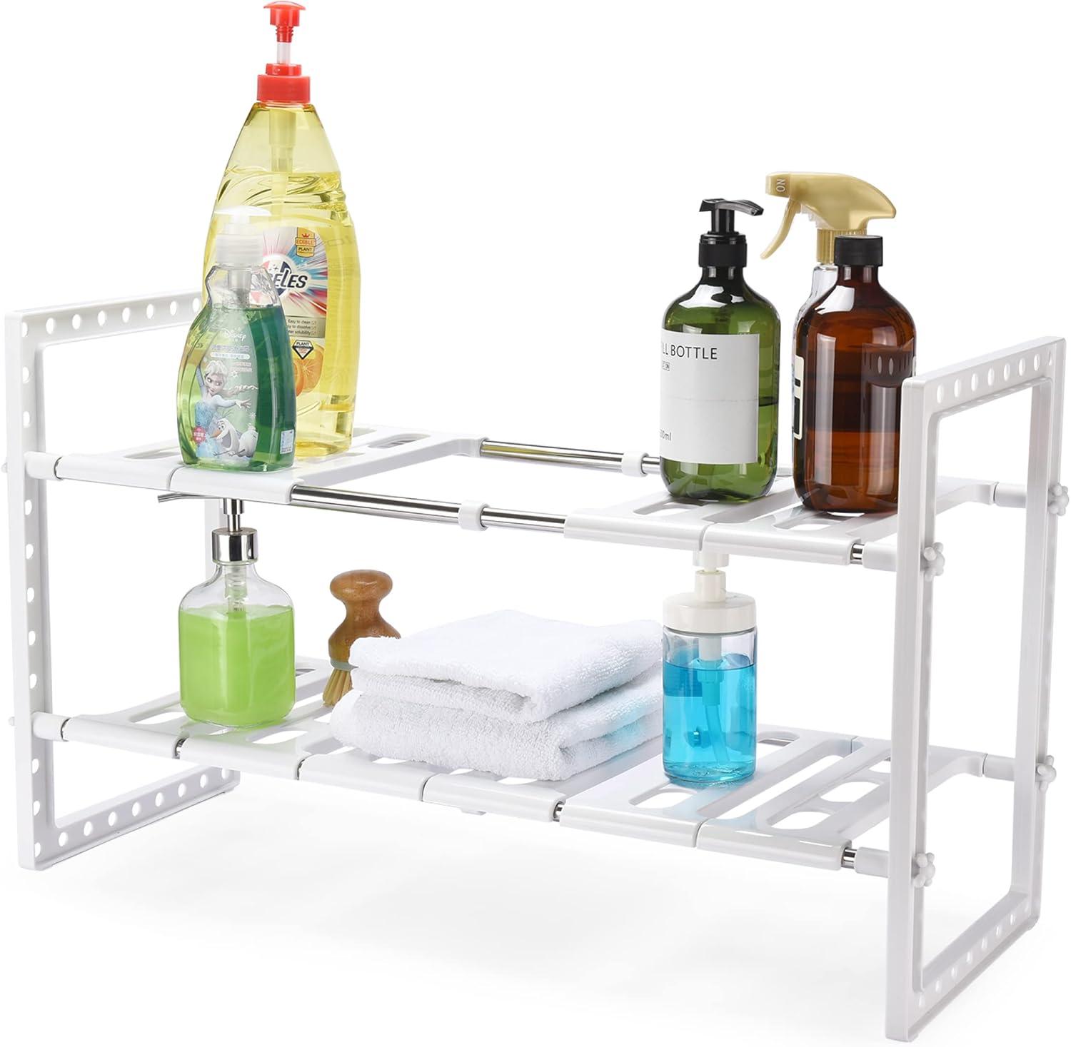 White Adjustable Under Sink Sliding Organizer Rack