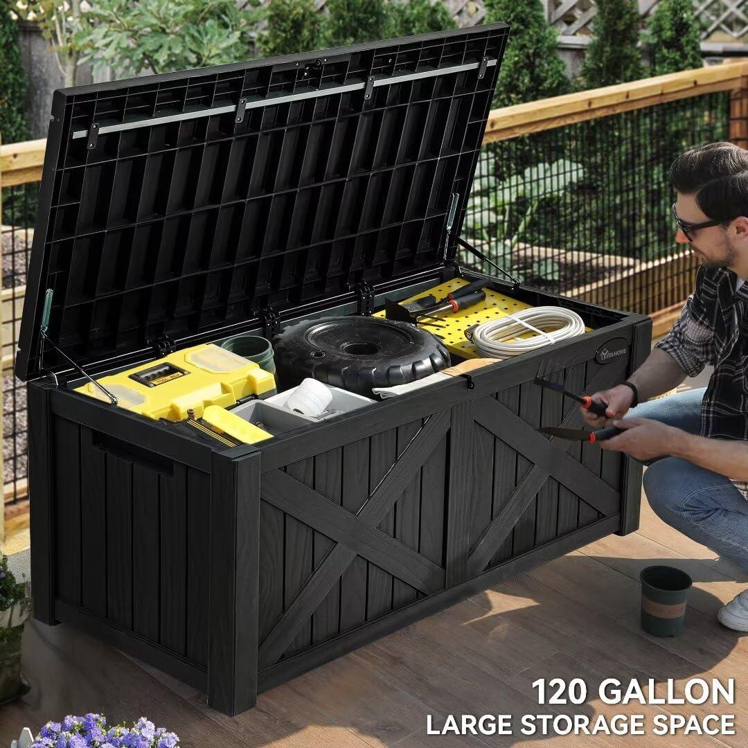 Hokku Designs Waterproof 120 Gallon Large Outdoor Indoor Patio Storage Deck Box , Outside Storage Bin for Cushion Pillows, Towels, Garden Tools