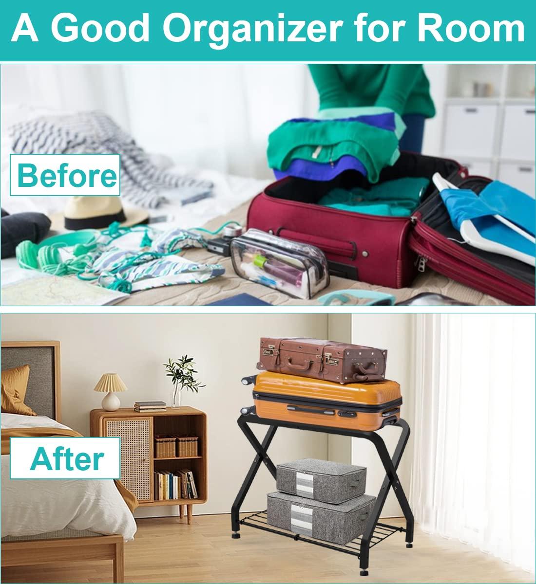 BINO Folding Luggage Rack With 2-Tiers Storage Shelf, Foldable Steel Frame Luggage Organizers For Suitcase, Metal Luggage Holder For Guest Room, Bedroom, Hotel, Closet, Black, 1Pack