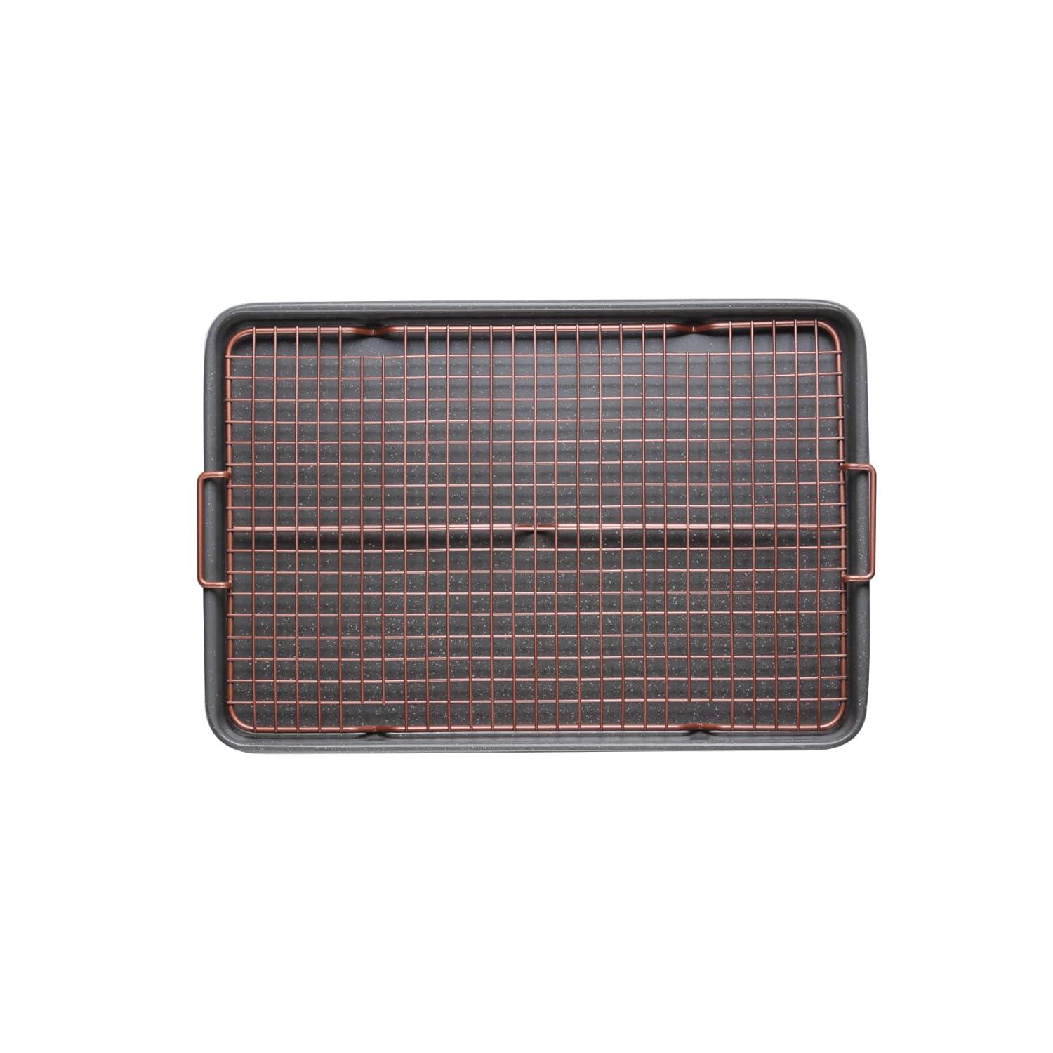 Silver Granite Non-Stick Cookie Sheet Set with Cooling Grid and Silicone Mat