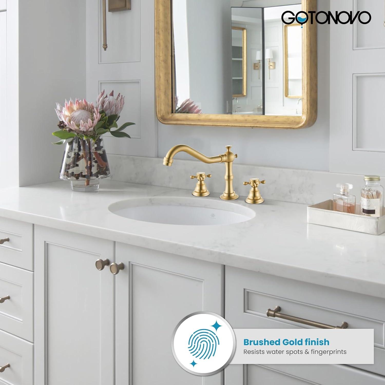 gotonovo Bathroom Faucet 3 Hole 8 Inch Widespread Bathroom Sink Faucet 2 Cross Handles Vintage Lavatory Vanity Mixer Tap with Pop Up Drain, H C Label, Antique Brass