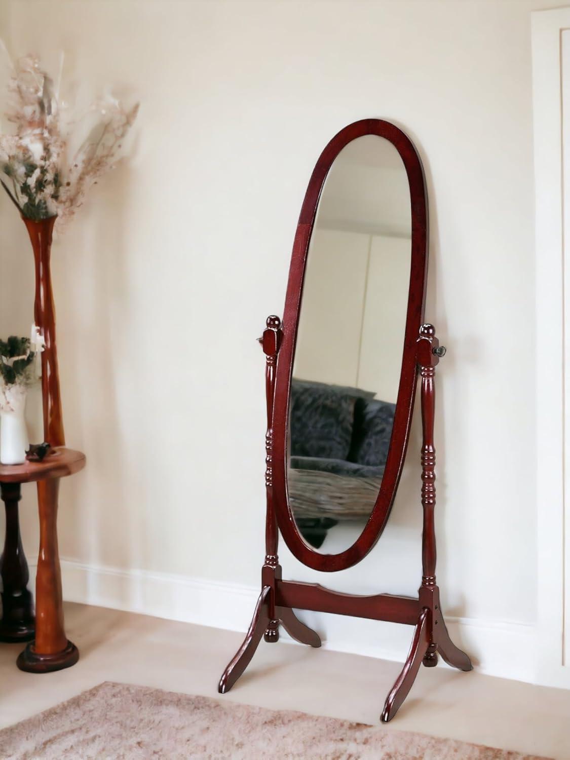 Roundhill Furniture Traditional Queen Anna Style Wood Floor Cheval Mirror Cherry