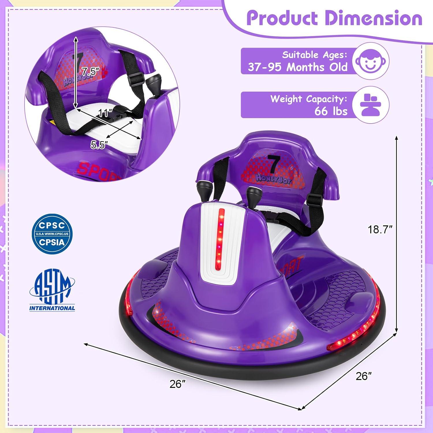 Honeyjoy 12V Bumper Car for Kids Toddlers Electric Ride On Car Vehicle with 360° Spin Purple