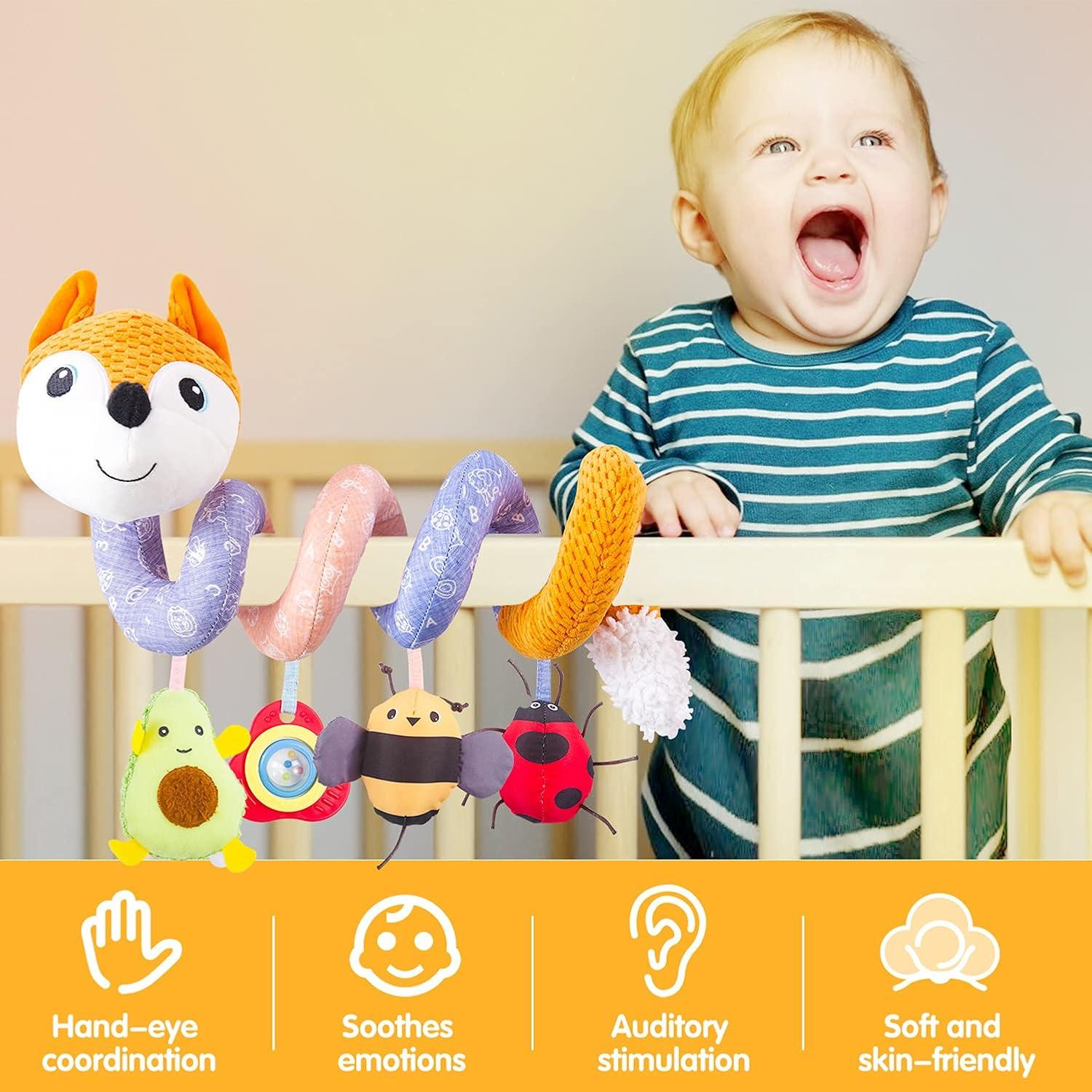 HILENBO Car Seat Toys, Infant Baby Orange Fox Spiral Plush Activity Hanging Toys for Car Seat Stroller Bar Crib Bassinet Mobile with Music Box BB Squeaker and Rattles?Orange?