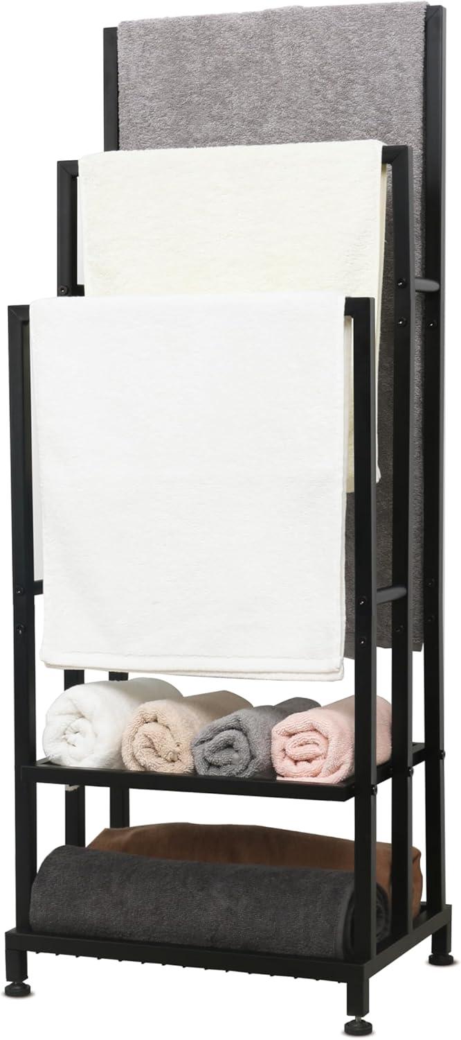 Black 41" H Free Standing 3 Tier Blanket Rack with 2 Storage Shelves - Anti-Rust Towel Rack for Bathroom, Outdoor, Bath & Pool (41"x16"x12")