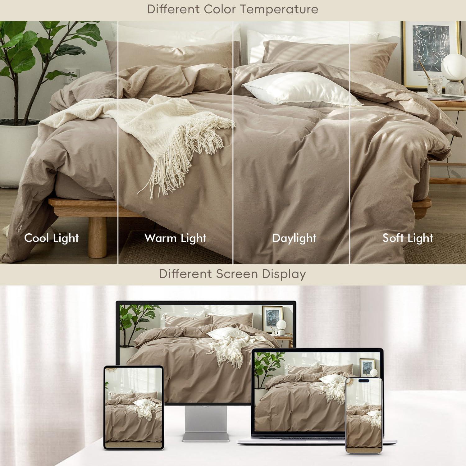 MooMee Washed Cotton Duvet Cover Set Linen Like Textured Breathable 3-Piece (Brown, Queen)