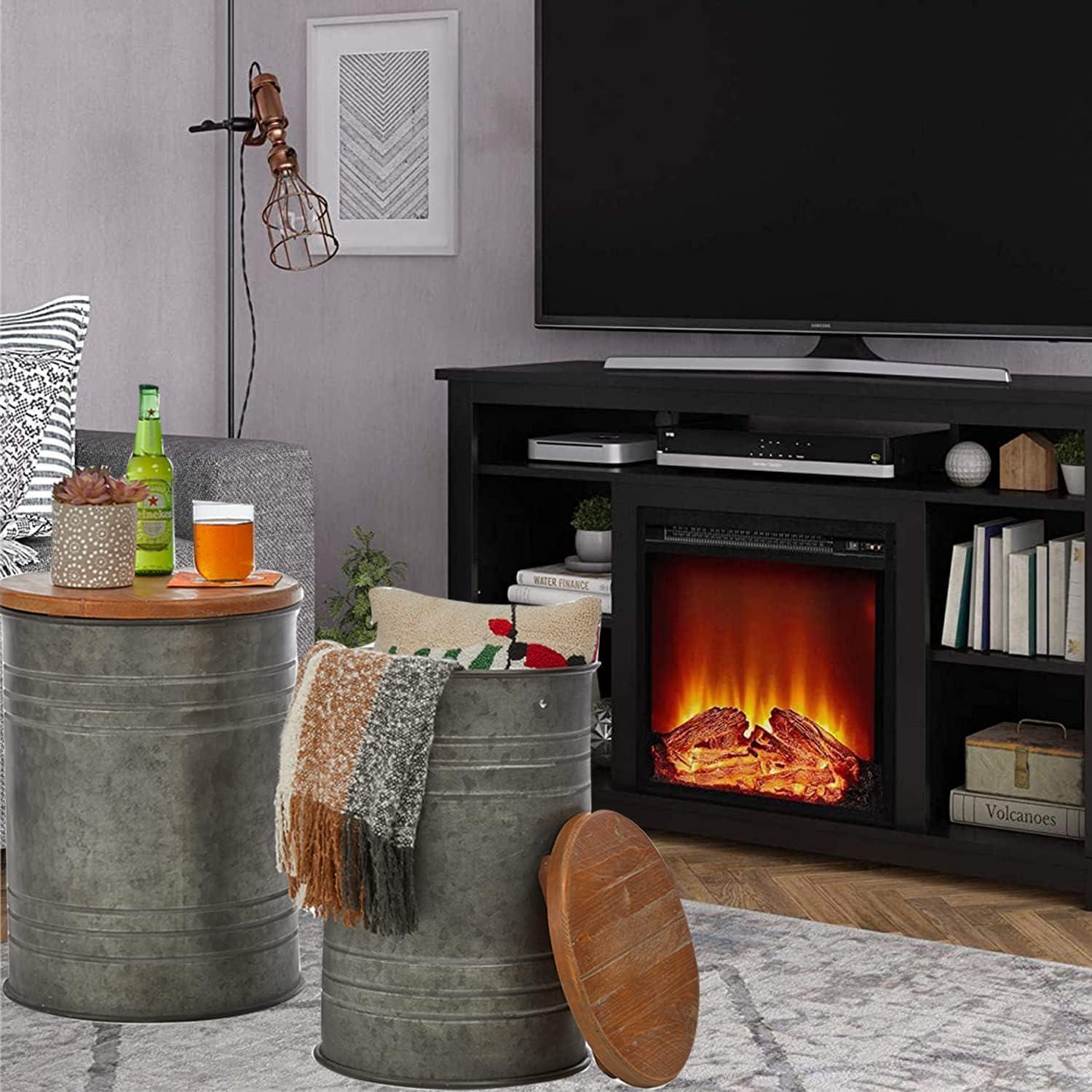 Rustic Dark Gray Metal Storage Stools with Wood Lids, Set of 2