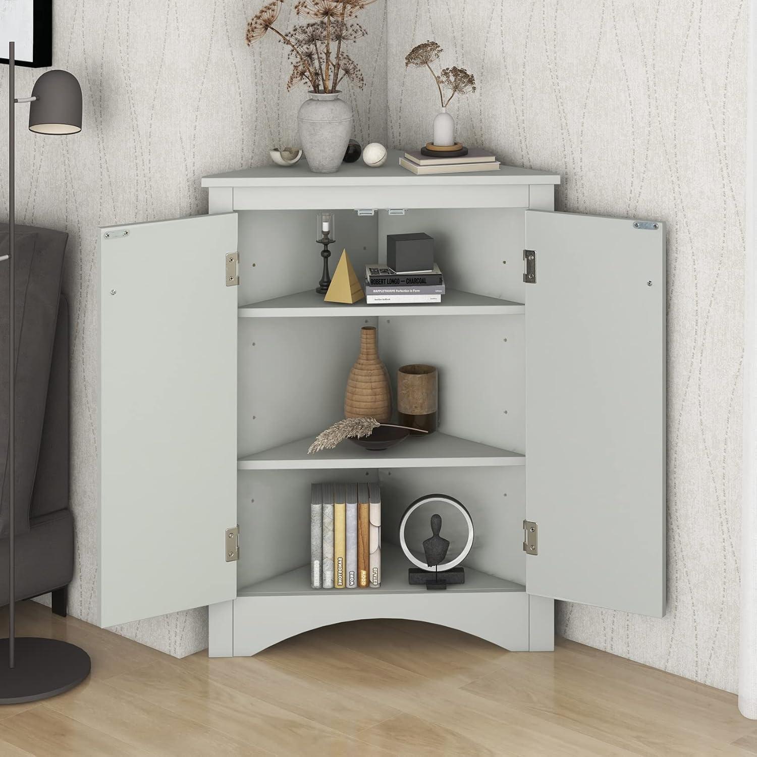 Corner Storage Cabinet with 2 Doors and Shelves, Freestanding Floor Cabinet Bathroom Corner Cabinets for Home Kitchen, Bathroom Grey