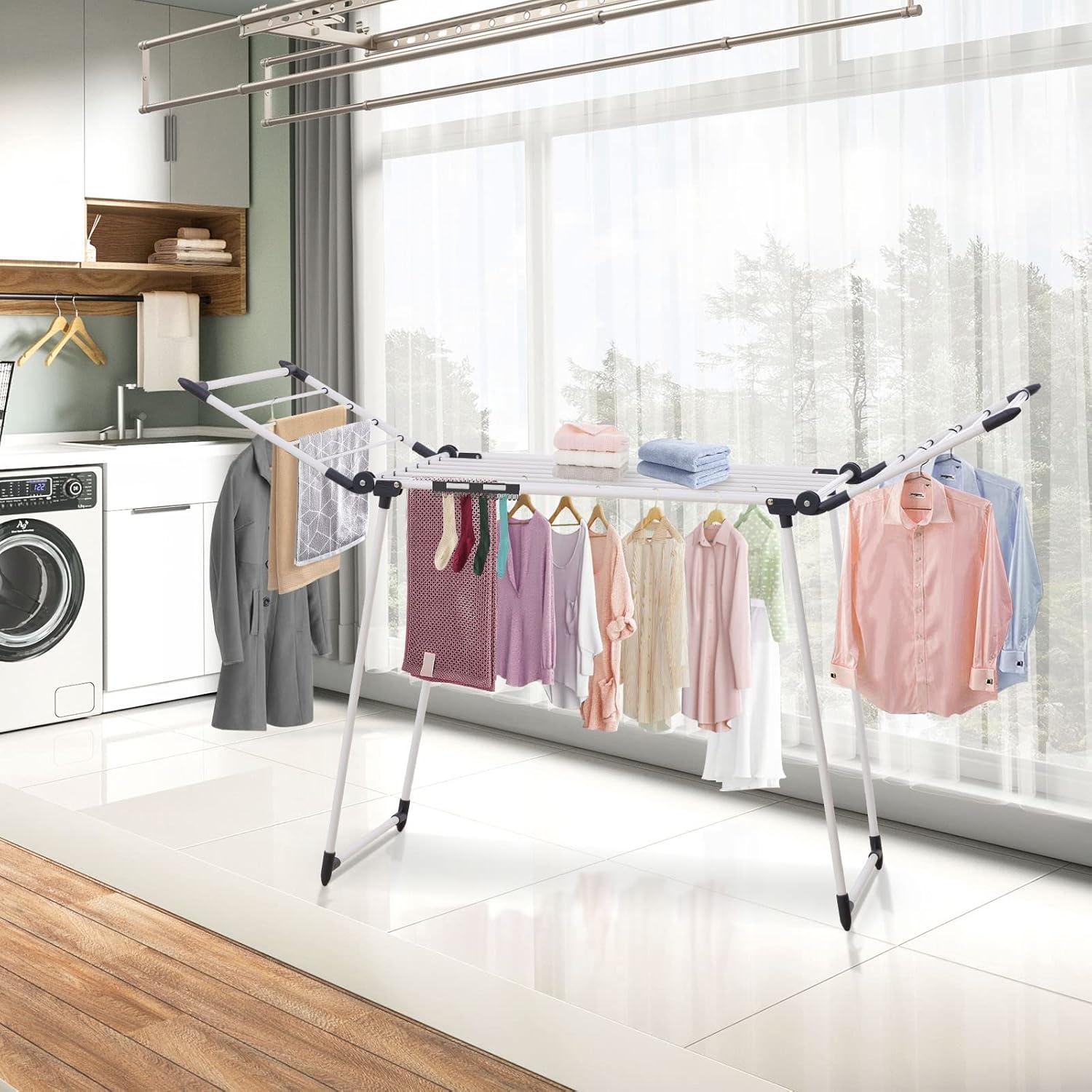 Foldable White Carbon Steel Gullwing Clothes Drying Rack