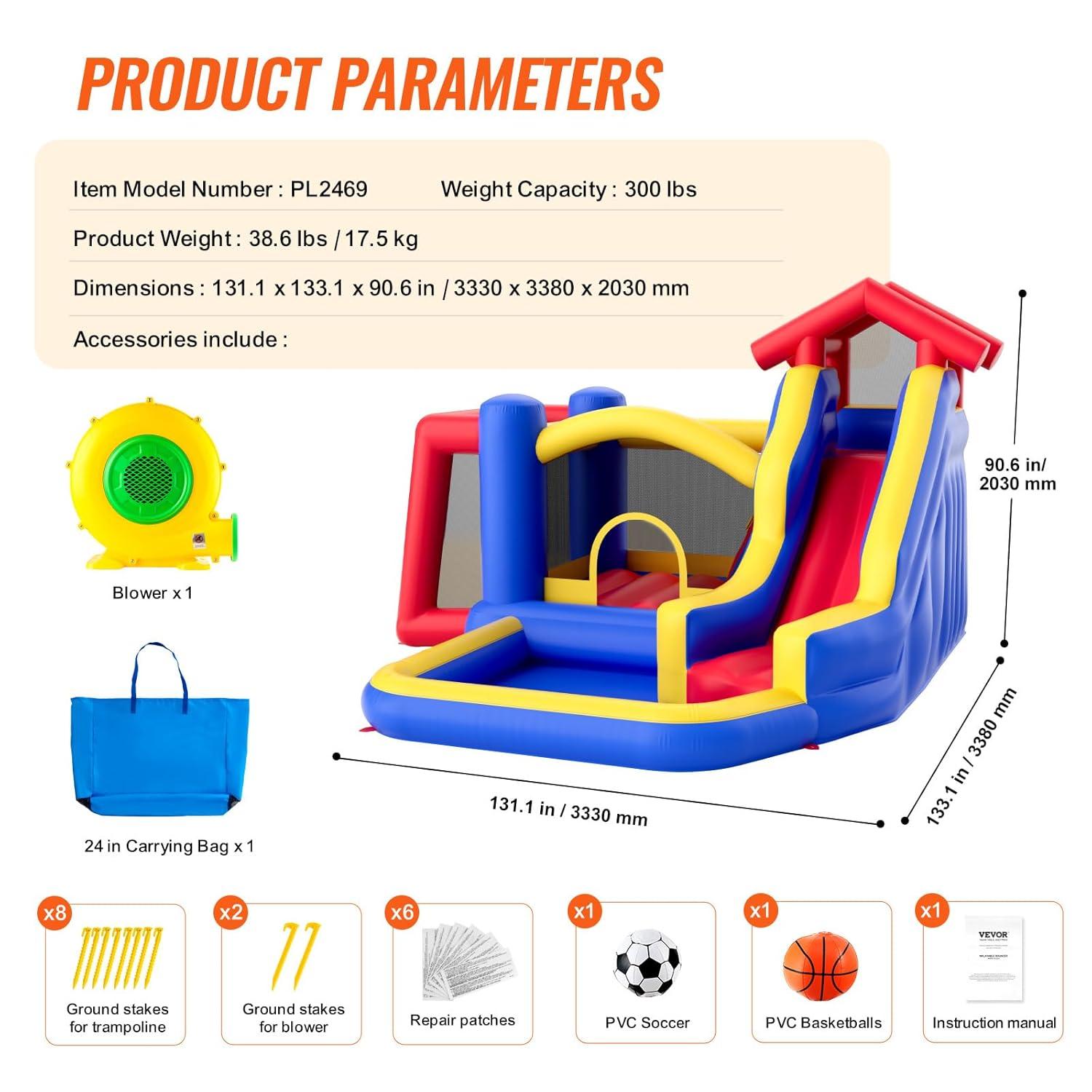 Inflatable Bounce House 134 x 102 x 91 in. Outdoor High Quality Playhouse Trampoline for Ages 3-Years to 8-Years