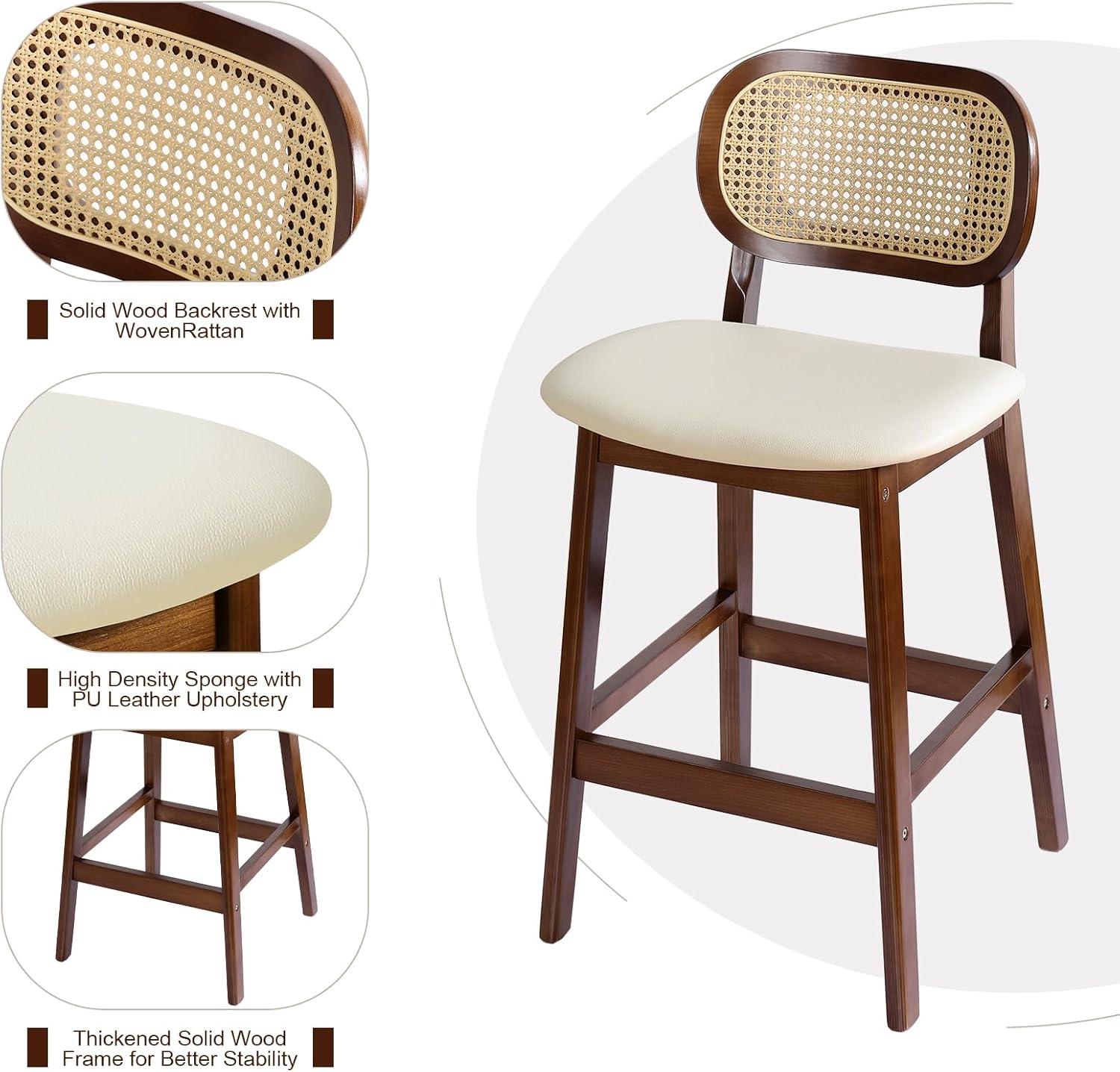 Lucky Monet Wood Upholstered Counter Height Bar Stools with Rattan Back - 36.81"H x 17.72"W x 18.7"D Set of 2 - White Faux Leather/ Brown Frame